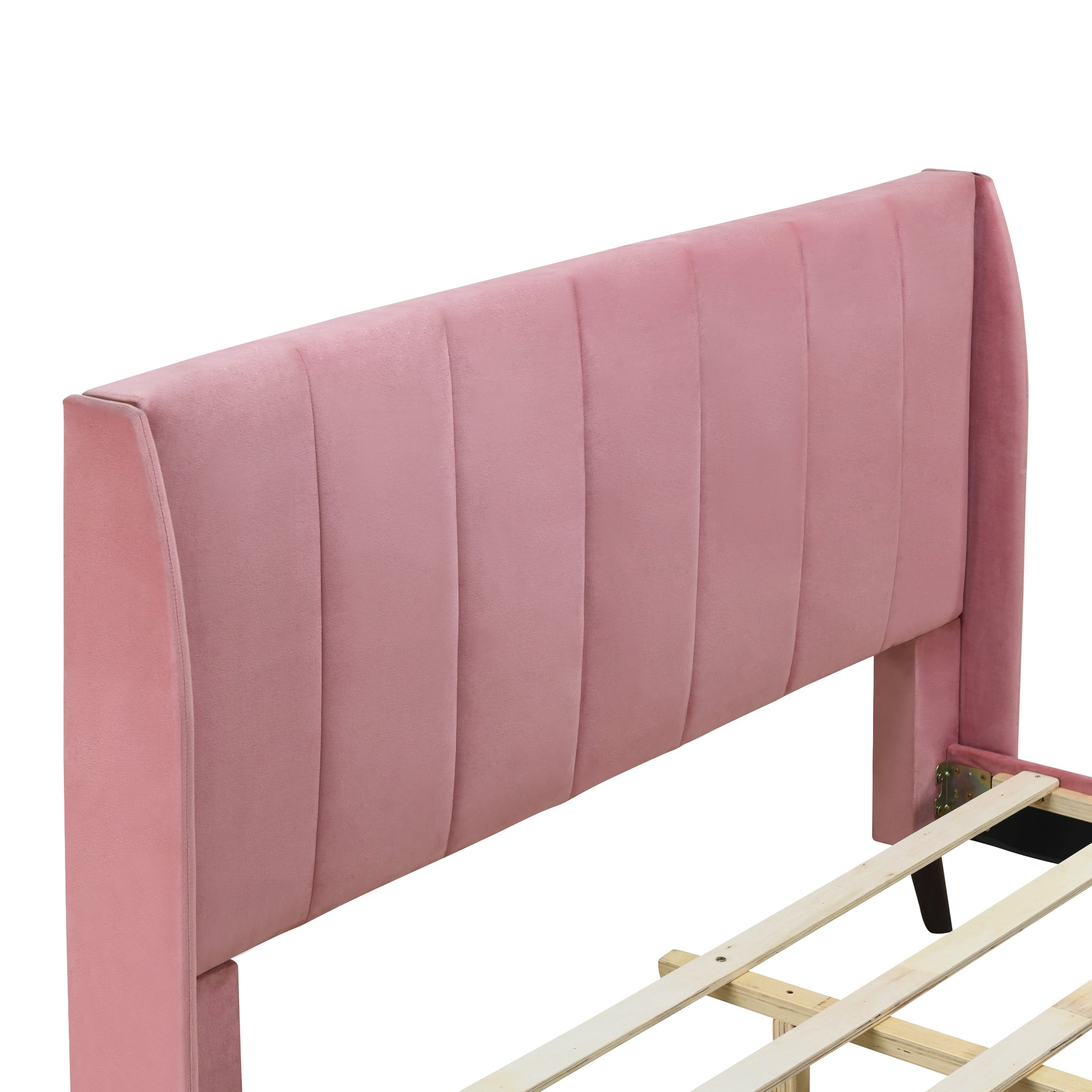 Queen Size Upholstered Platform Bed, Velvet, Pink Pink Upholstered