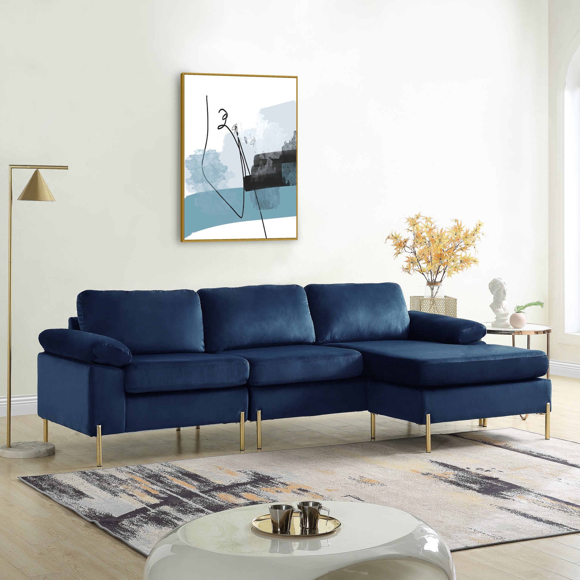 Shannon Velvet Sectional Sofa With Chaise Blue Foam Velvet