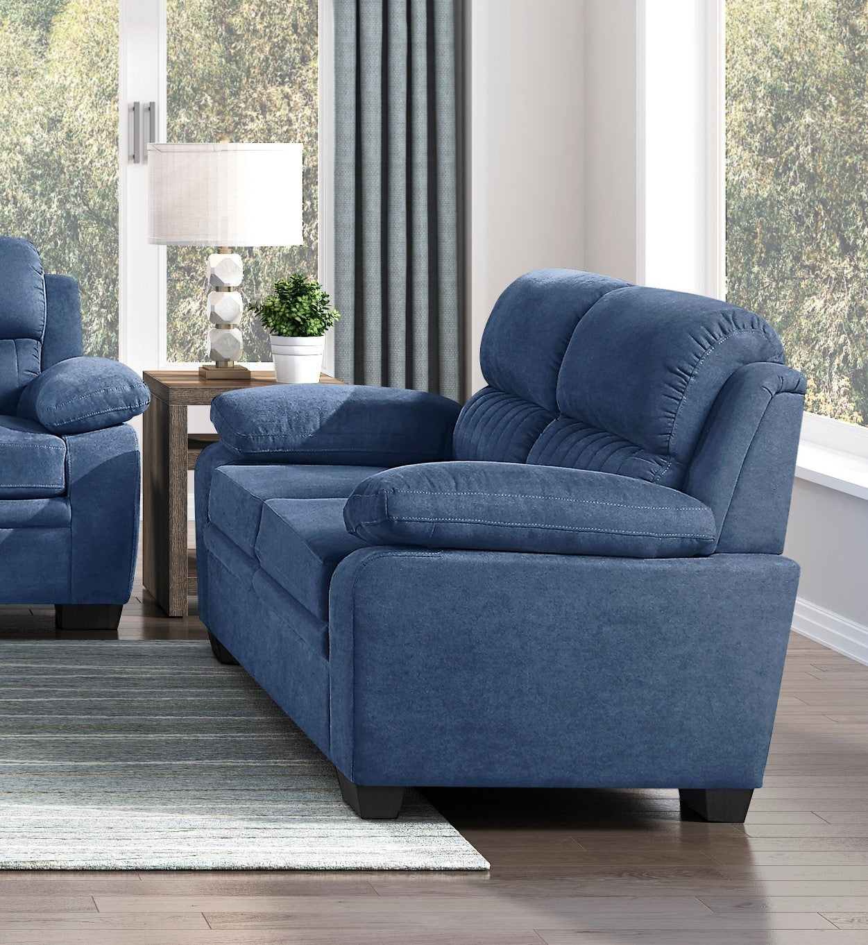 Comfortable Plush Seating Loveseat 1Pc Modern Blue Textured Fabric Channel Tufting Solid Wood Frame Living Room Furniture Blue Wood Primary Living Space Contemporary Pillow Top Arms Solid Wood