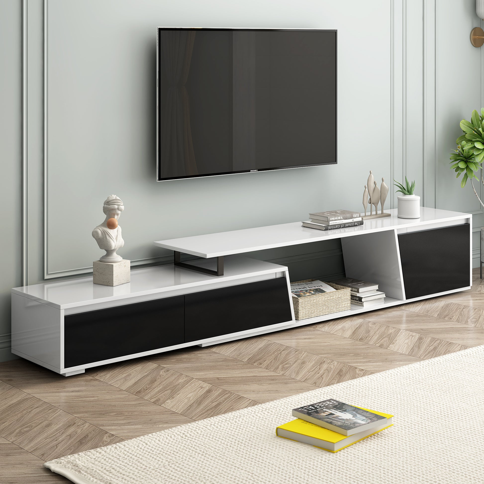 Modern, Minimalist Rectangle Extendable Tv Stand, Tv Cabinet With 2 Drawers And 1 Cabinet For Living Room, Up To 100'' White 90 Inches Or Larger Particle Board