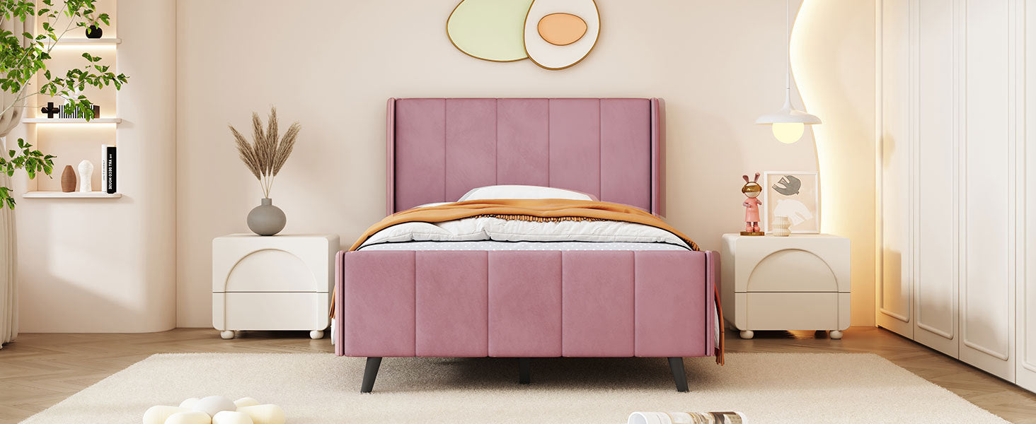 Twin Size Upholstered Platform Bed, Velvet, Pink Pink Upholstered