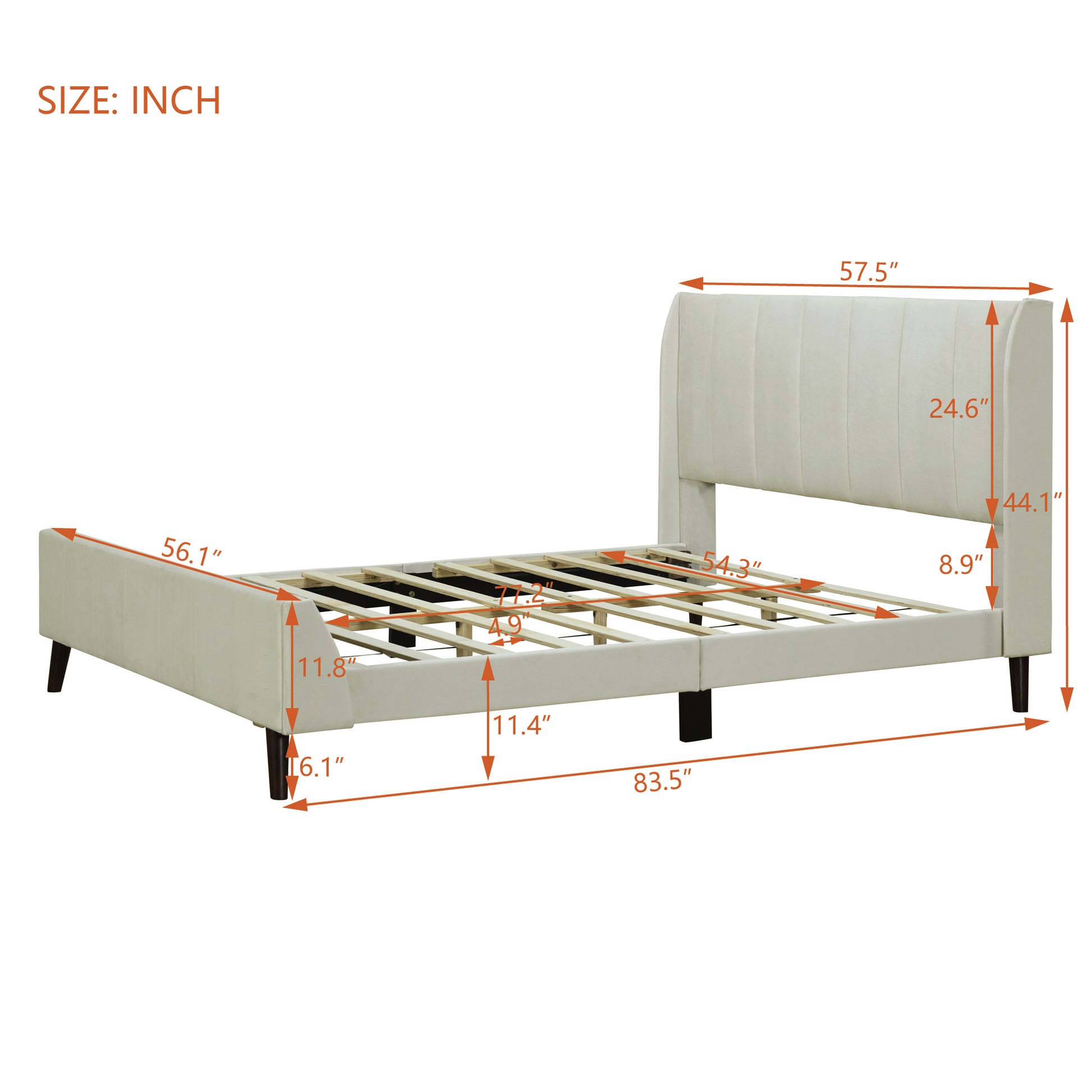 Full Size Upholstered Platform Bed, Velvet, Beige Beige Upholstered