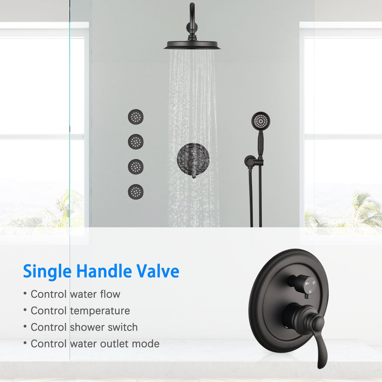 Single Handle 4 Spray Patterns Bathroom Rain Shower Faucet With Body Jet Handshower In Matte Black Valve Included Matte Black Brass