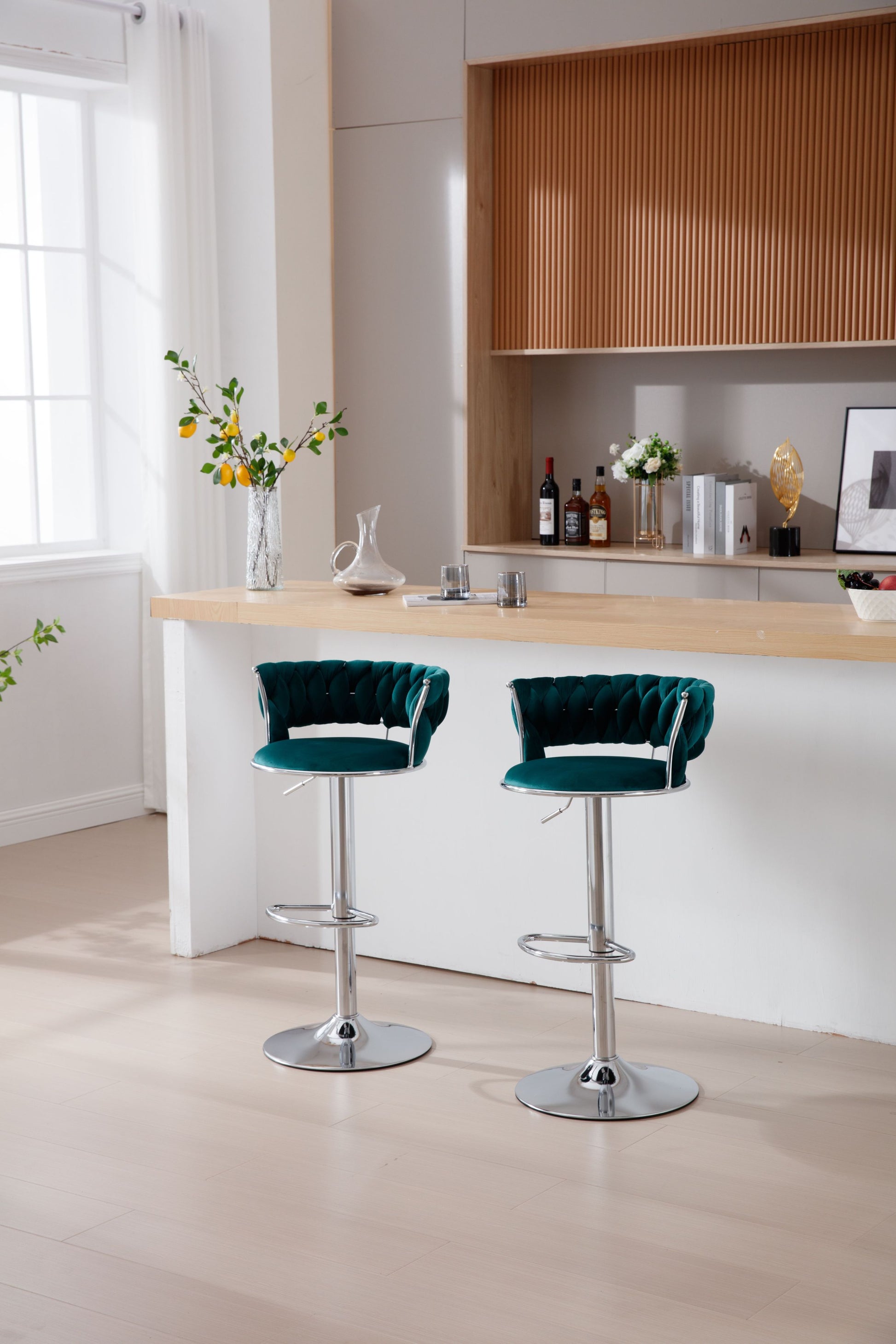Set Of 2 Bar Stools,With Chrome Footrest And Base Swivel Height Adjustable Mechanical Lifting Velvet Bar Stool Green Black Foam Fabric