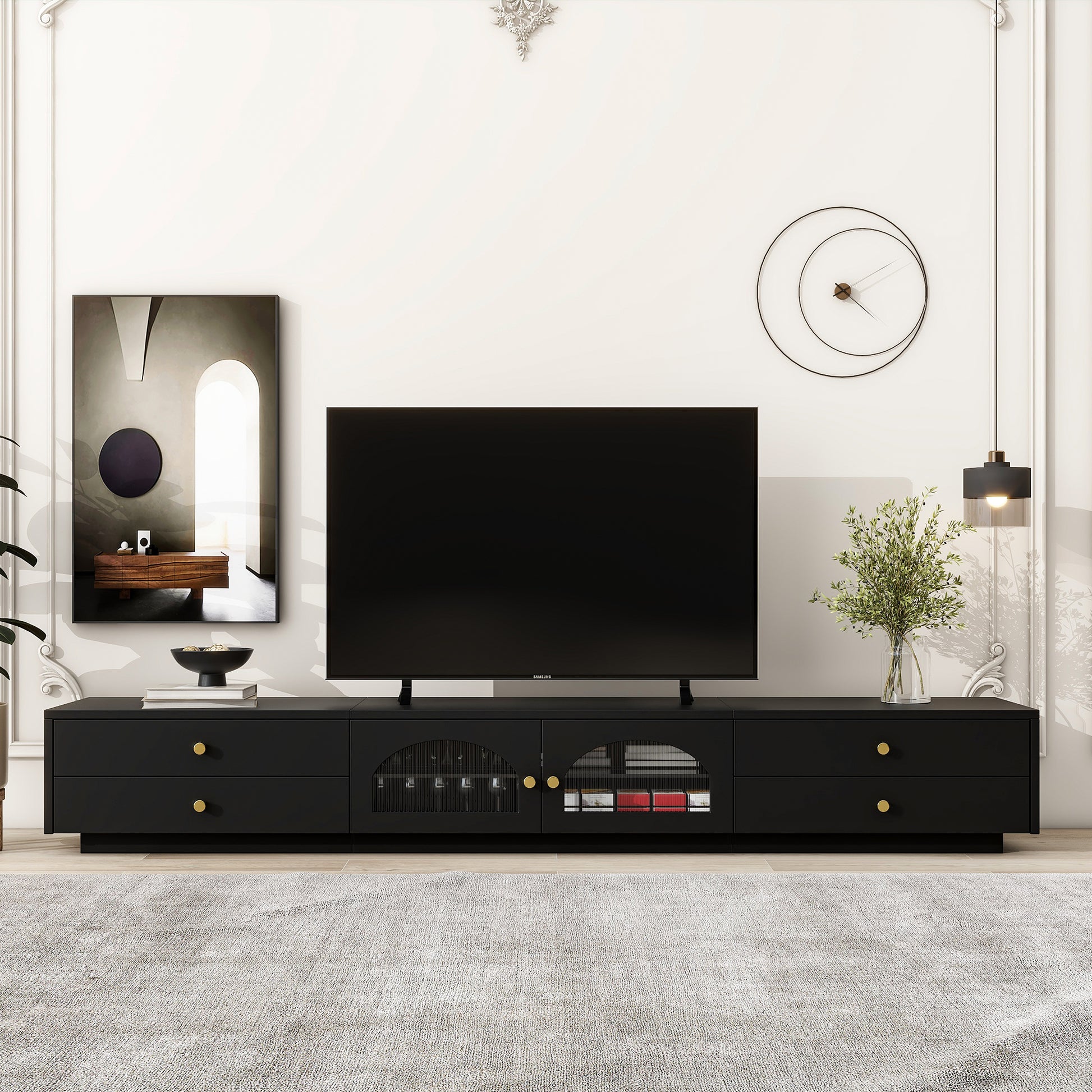 Luxurious Tv Stand With Fluted Glass Doors, Elegant And Functional Media Console For Tvs Up To 95'', Tempered Glass Shelf Tv Cabinet With Multiple Storage Options, Black Black Primary Living Space 90 Inches Or Larger Particle Board