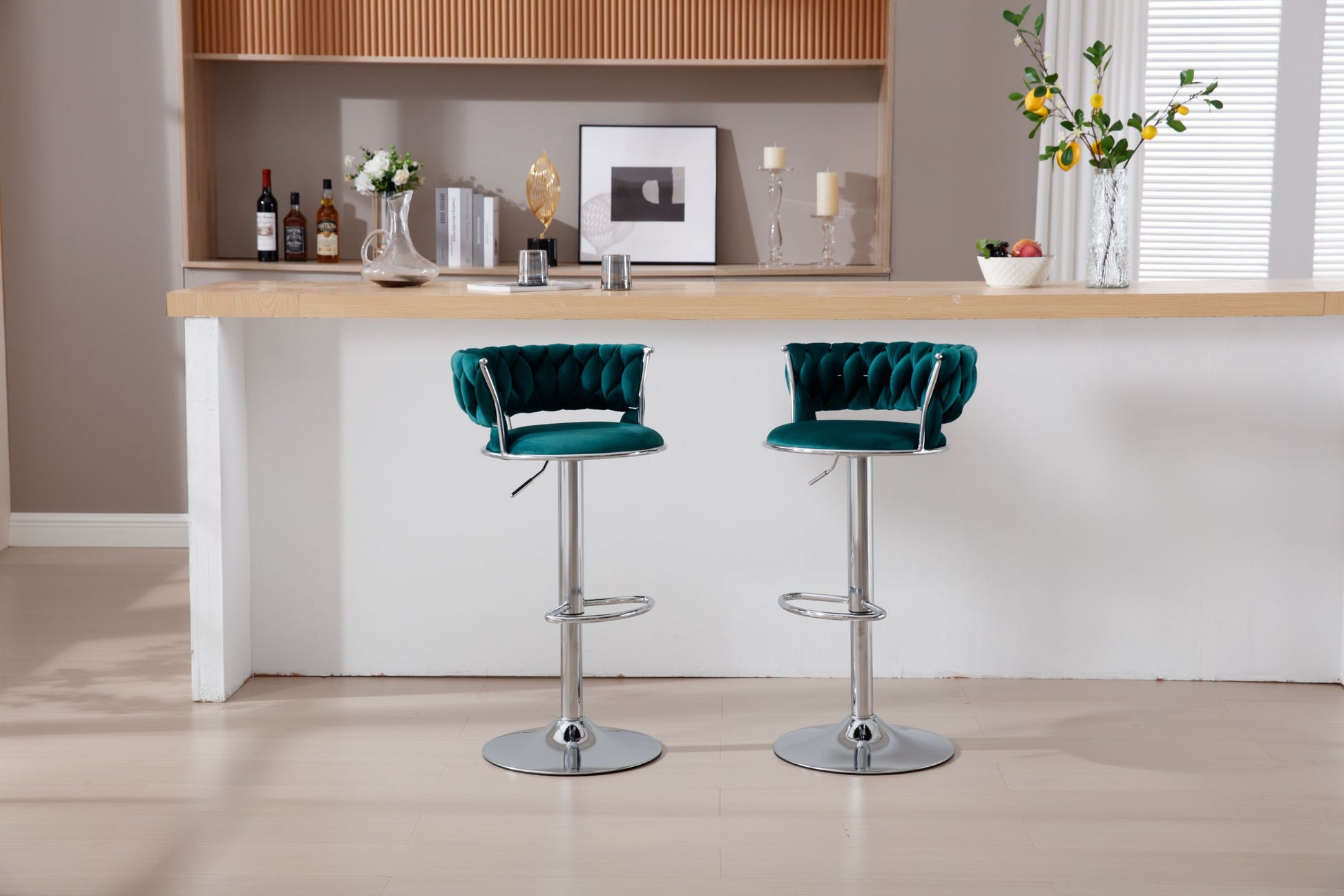 Set Of 2 Bar Stools,With Chrome Footrest And Base Swivel Height Adjustable Mechanical Lifting Velvet Bar Stool Green Black Foam Fabric