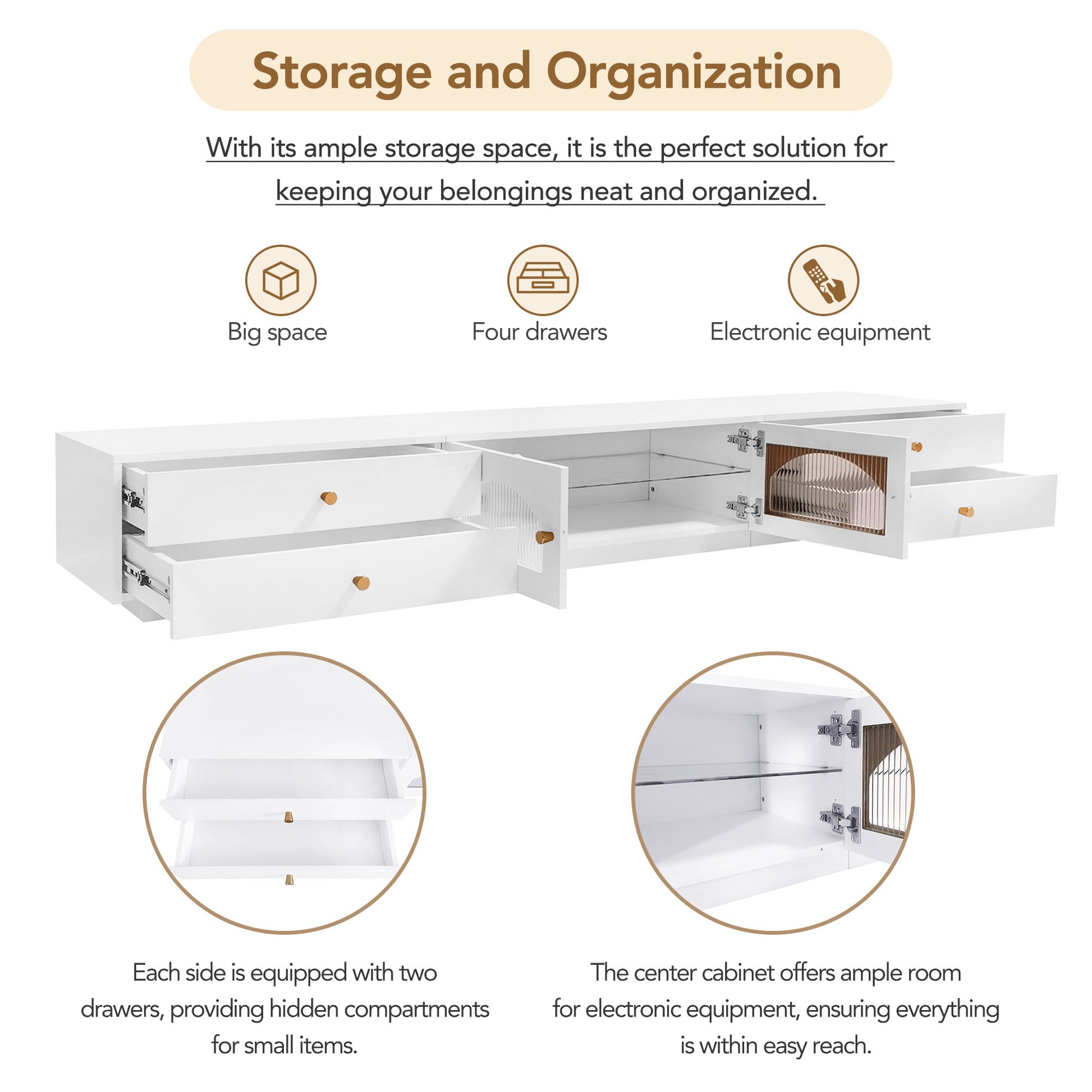 Luxurious Tv Stand With Fluted Glass Doors, Elegant And Functional Media Console For Tvs Up To 95'', Tempered Glass Shelf Tv Cabinet With Multiple Storage Options, White White Primary Living Space 90 Inches Or Larger Particle Board