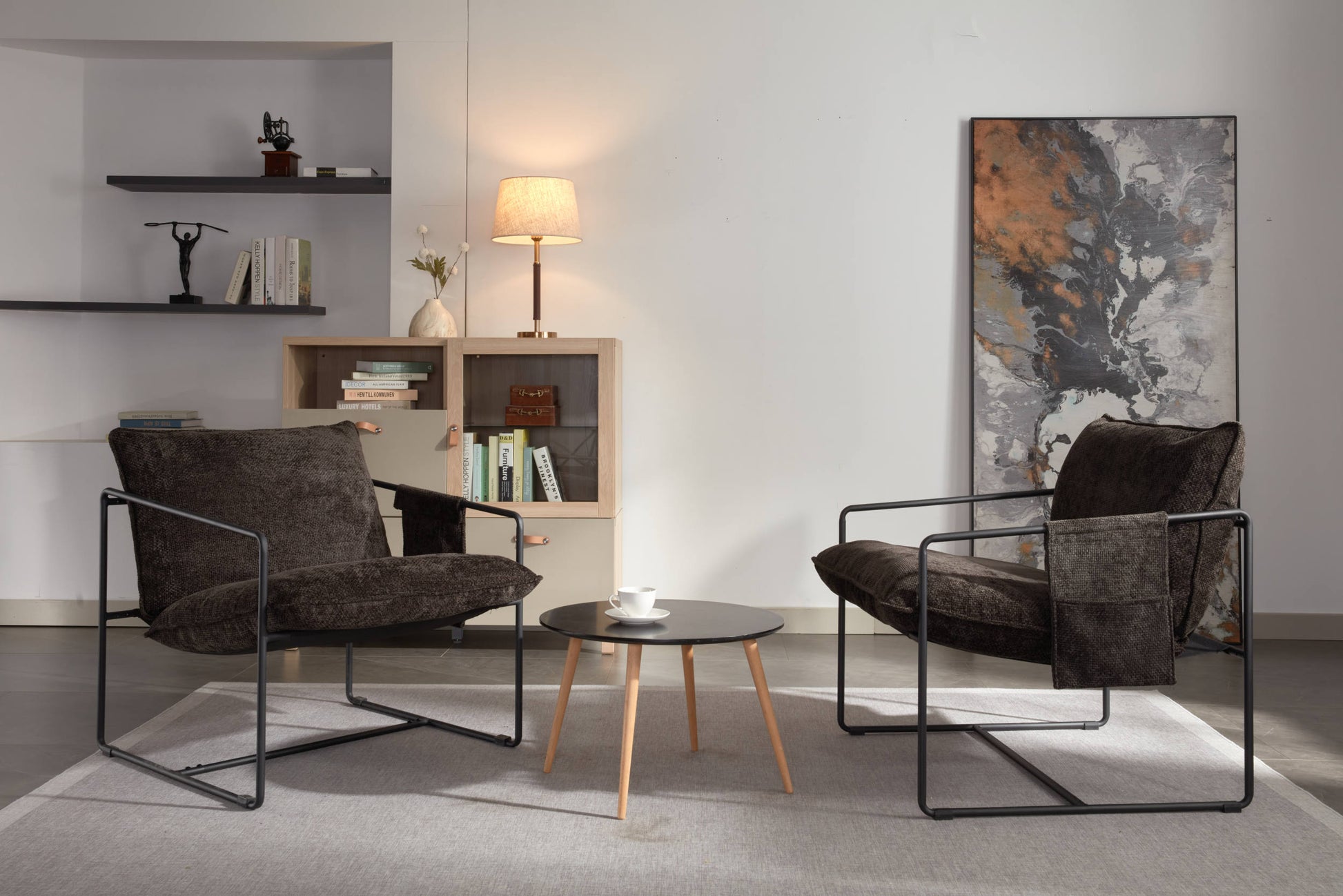2 Chairs In 1 Box, Upholstered Hanging Armchair With Arm Pocket Metal Frame, Crushed Foam Cushions And Skin Friendly Braid For Living Room And Bedroom. Dark Gray Dark Grey Metal