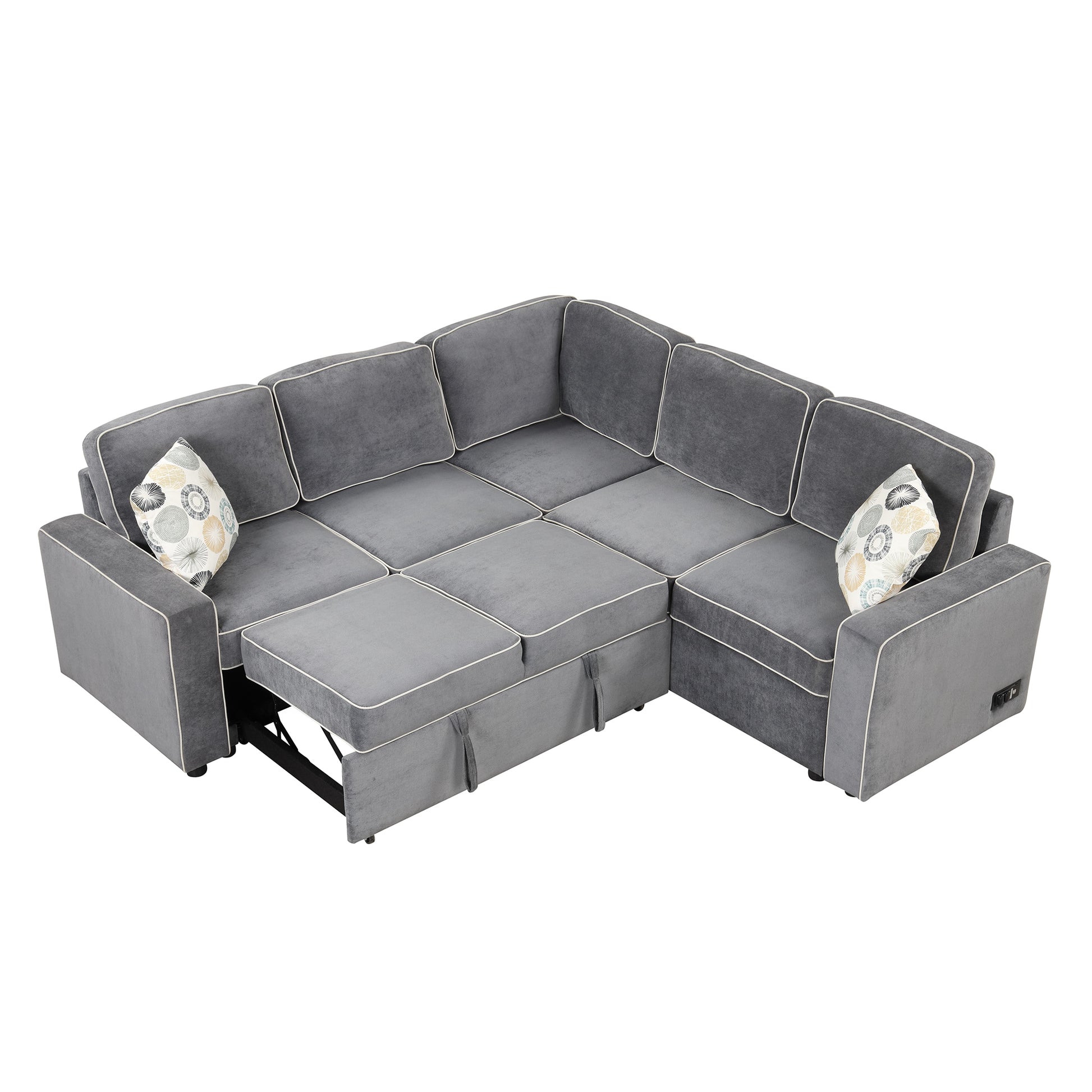 83" L Shaped Pull Out Sofa Bed Modern Convertible Sleeper Sofa With 2 Usb Ports, 2 Power Sockets And 3 Pillows For Living Room, Bedroom, Office, Gray Gray Foam Linen
