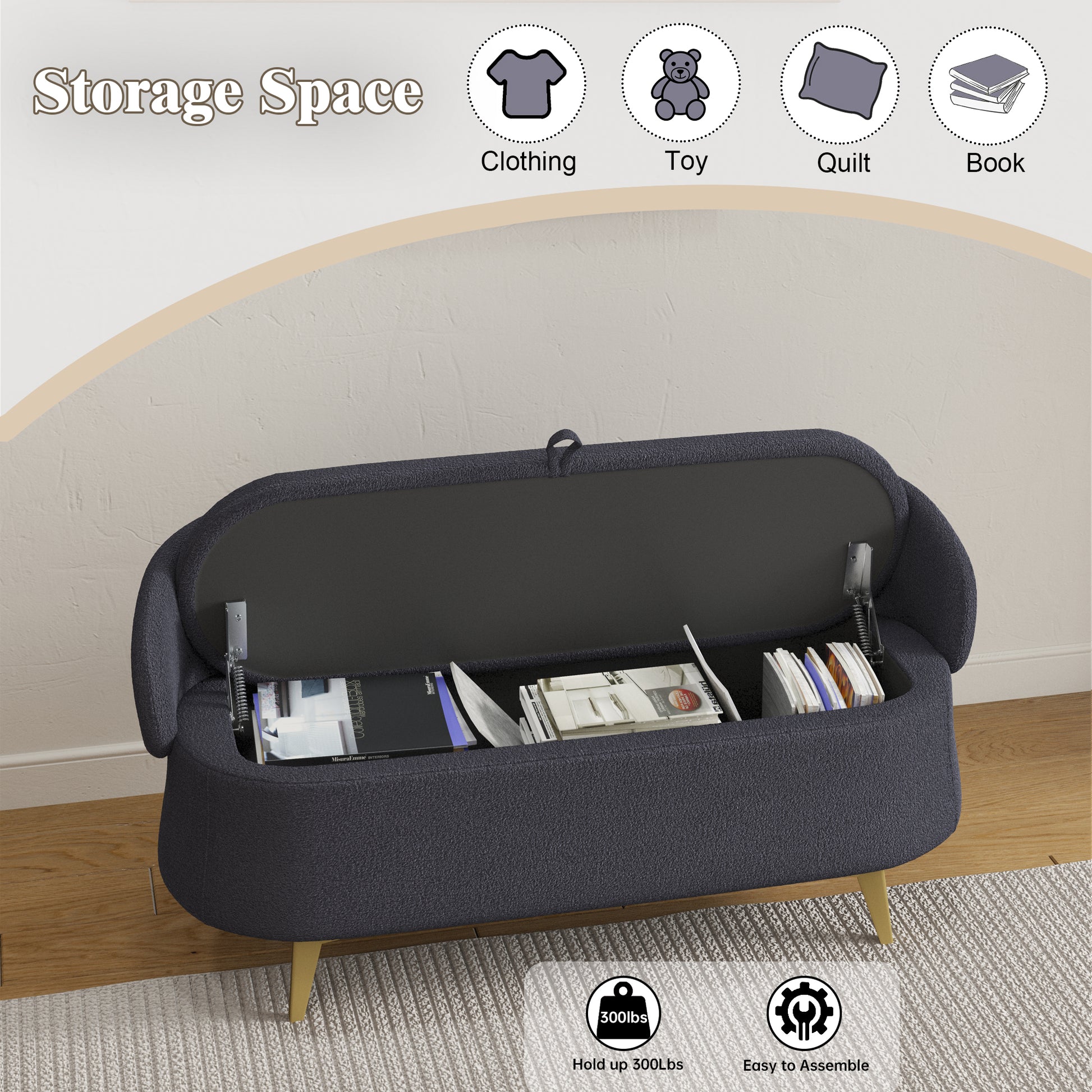 50 Inchesmulti Functional Long Rectangular Bed End Storage Sofa Stool Teddy Fleece Gray Polyester Blend