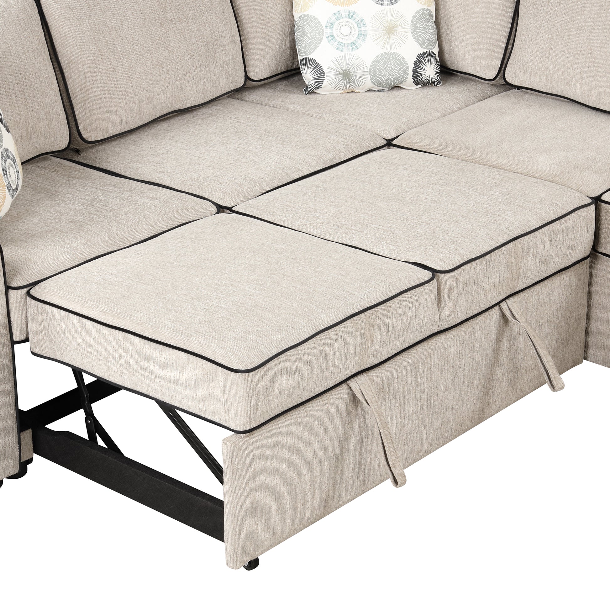 83" L Shaped Pull Out Sofa Bed Modern Convertible Sleeper Sofa With 2 Usb Ports, 2 Power Sockets And 3 Pillows For Living Room, Bedroom, Office, Cream Cream Foam Linen