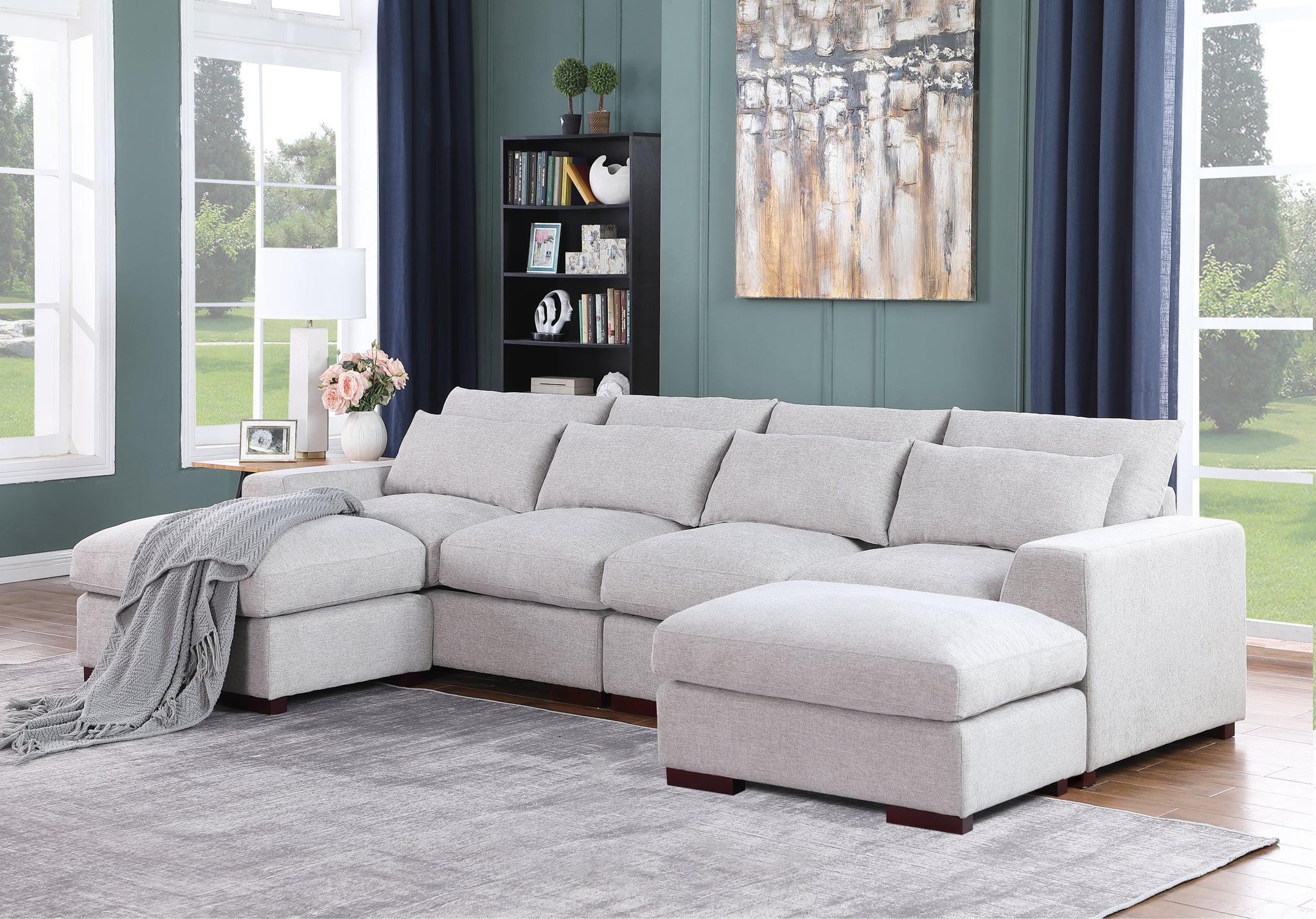 Tatman Linen Blend Sectional With 2 Ottomans Light Gray Foam Linen