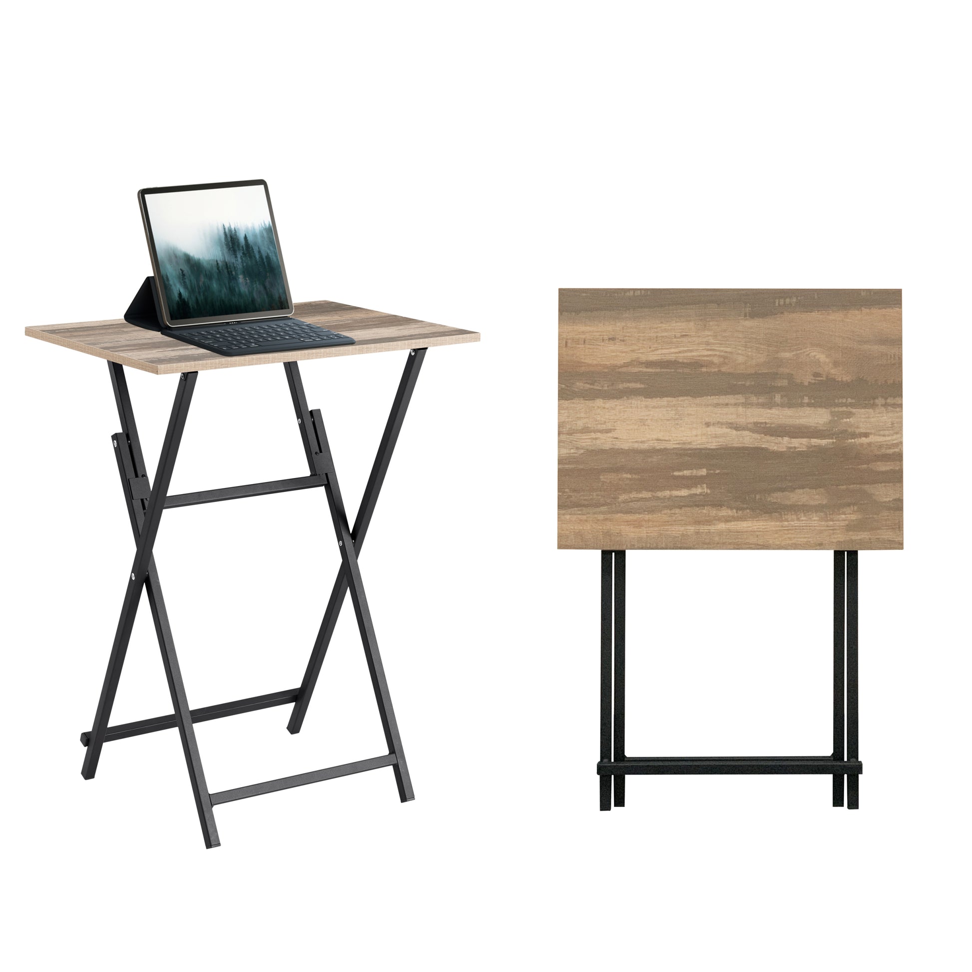 2 Piece Folding Tv Tray Table Noassembly Required Portable Sofa Side Table, Industrial Snack Table For Small Spaces, Space Saving Easy To Fold Wood Rustic Brown And Black Brown Primary Living Space American Design,American Traditional,Antique Metal &