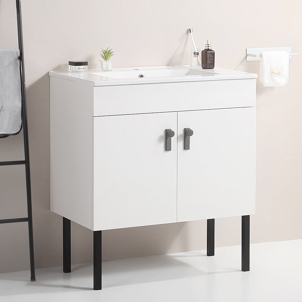 30" Bathroom Vanity With Metal Leg,With White Ceramic Basin,Two Soft Close Cabinet Doors, Solid Wood,Excluding Faucets,White White Solid Wood