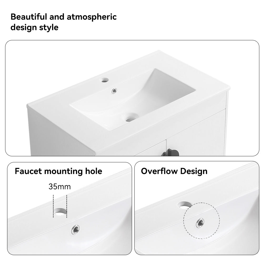 30" Bathroom Vanity,With White Ceramic Basin,Two Cabinet Doors With Black Zinc Alloy Handles,Solid Wood,Excluding Faucets,White White Solid Wood