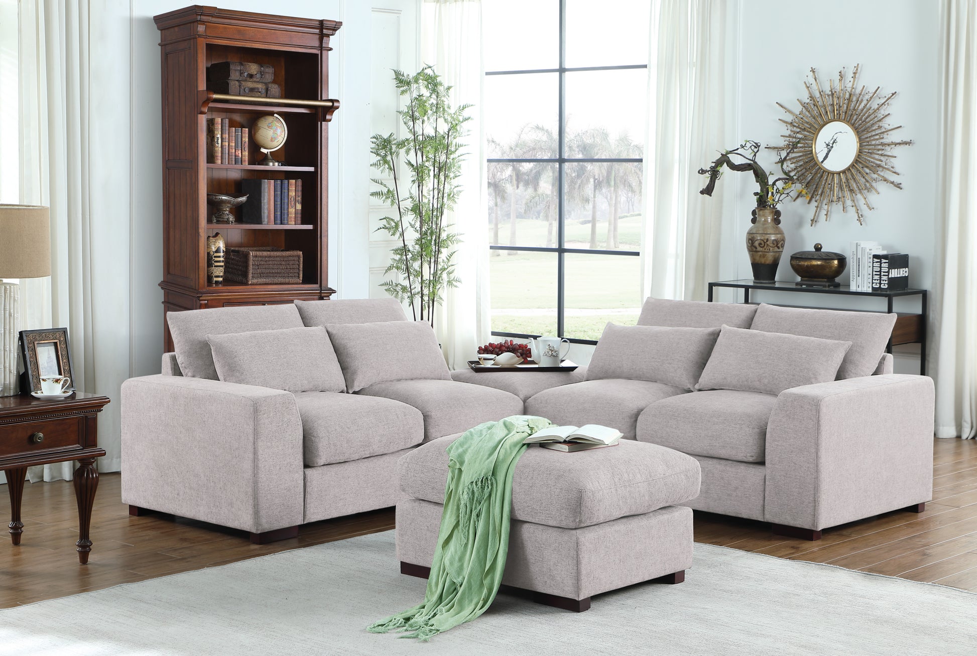 Tatman Linen Blend Sectional With 2 Ottomans Light Gray Foam Linen