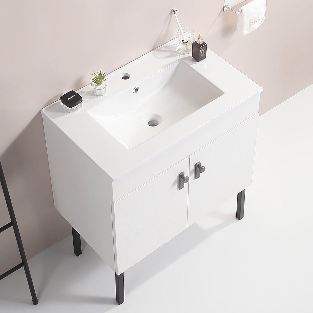 30" Bathroom Vanity With Metal Leg,With White Ceramic Basin,Two Soft Close Cabinet Doors, Solid Wood,Excluding Faucets,White White Solid Wood