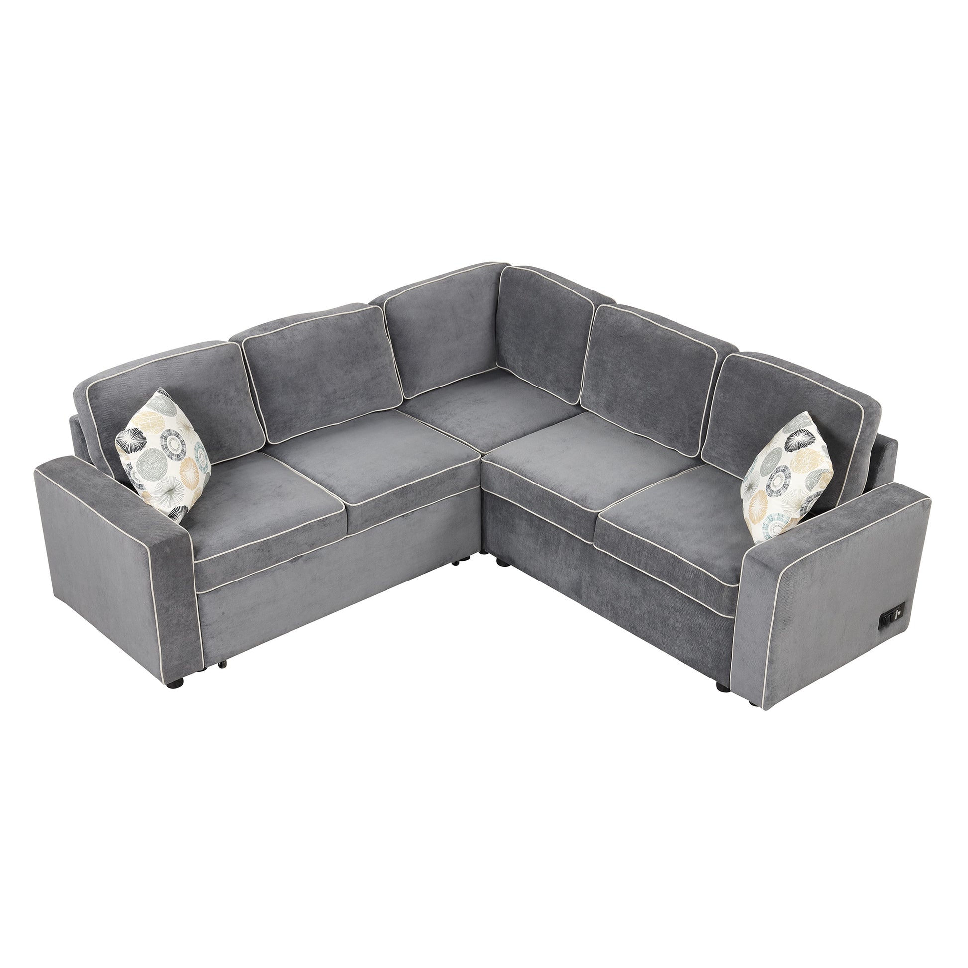 83" L Shaped Pull Out Sofa Bed Modern Convertible Sleeper Sofa With 2 Usb Ports, 2 Power Sockets And 3 Pillows For Living Room, Bedroom, Office, Gray Gray Foam Linen