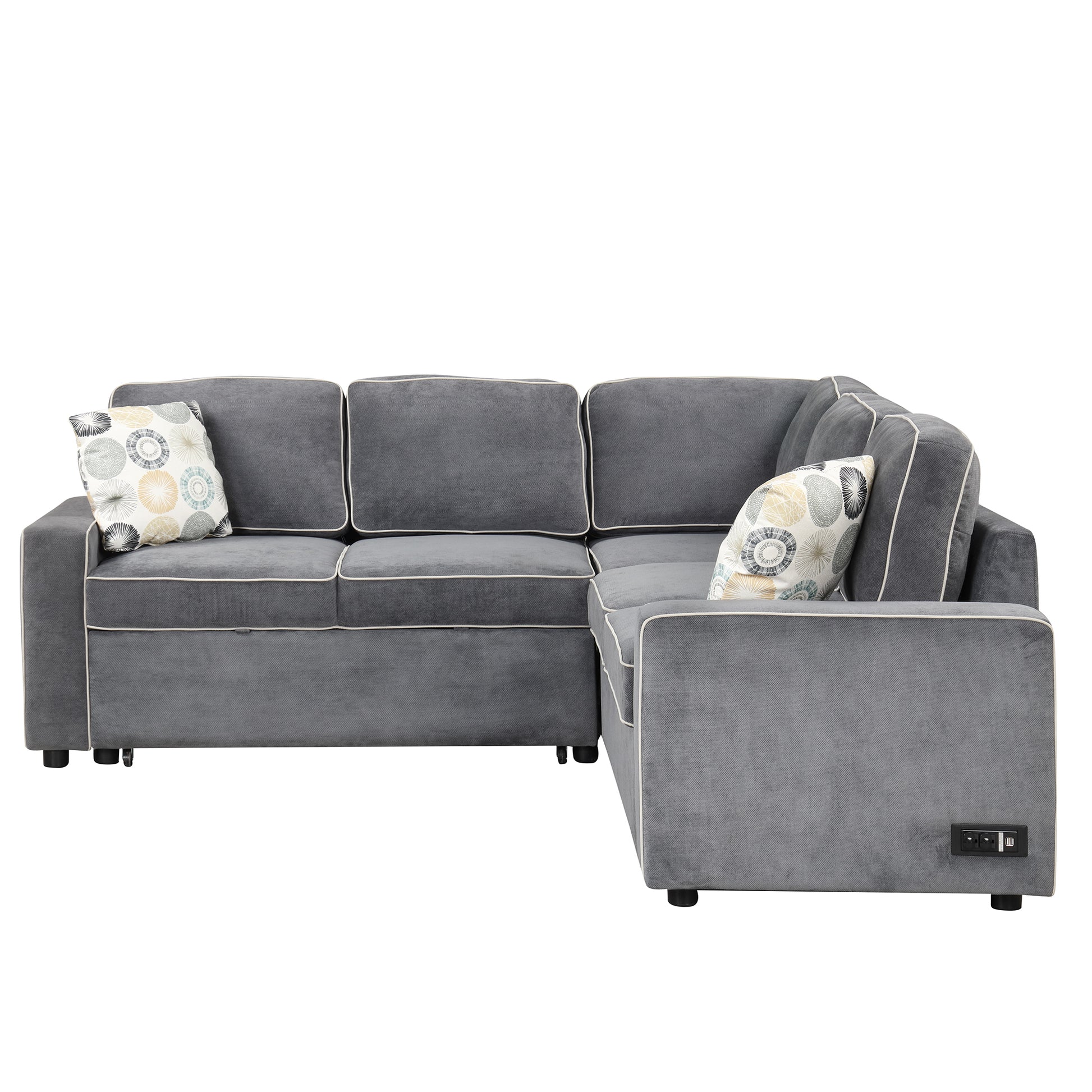83" L Shaped Pull Out Sofa Bed Modern Convertible Sleeper Sofa With 2 Usb Ports, 2 Power Sockets And 3 Pillows For Living Room, Bedroom, Office, Gray Gray Foam Linen