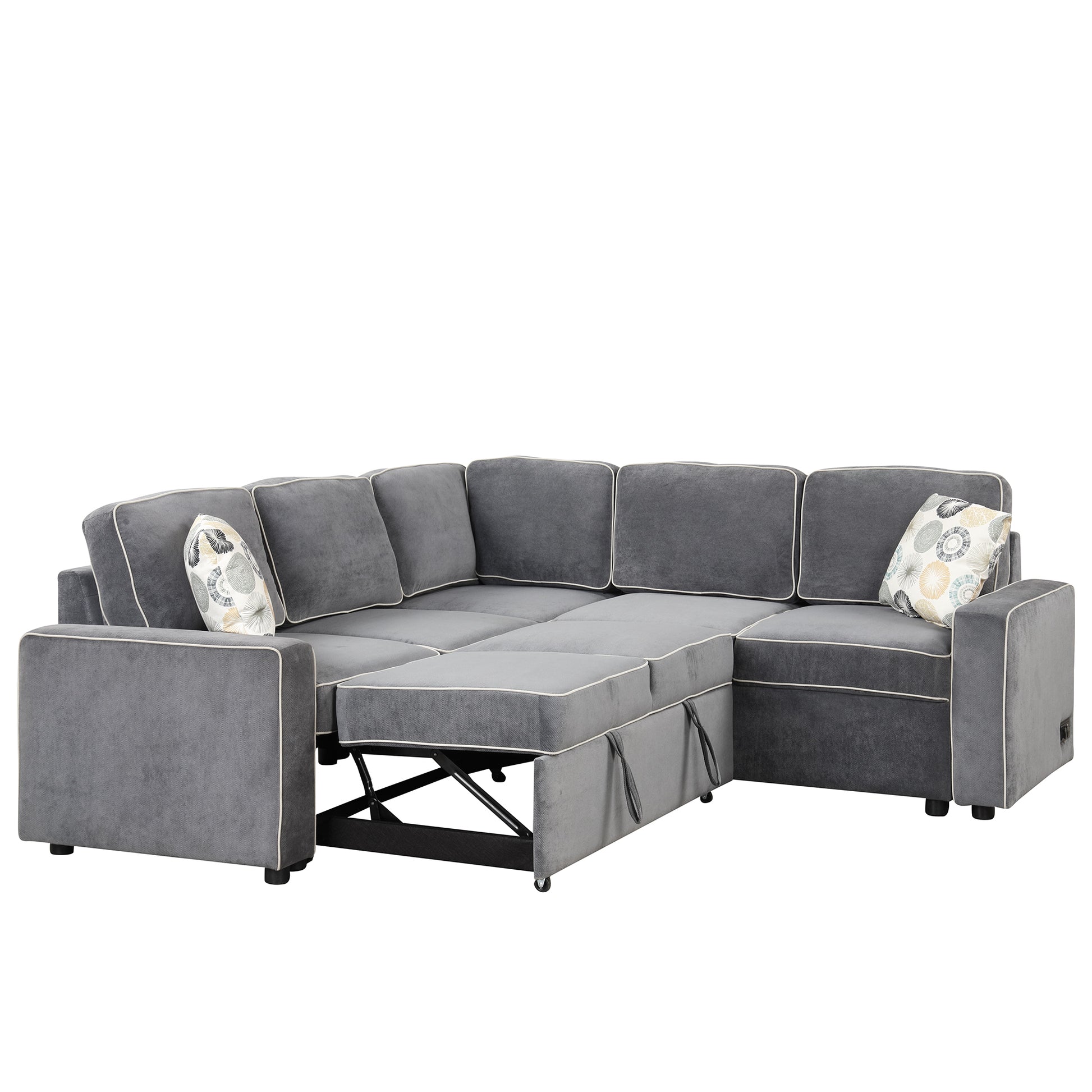 83" L Shaped Pull Out Sofa Bed Modern Convertible Sleeper Sofa With 2 Usb Ports, 2 Power Sockets And 3 Pillows For Living Room, Bedroom, Office, Gray Gray Foam Linen