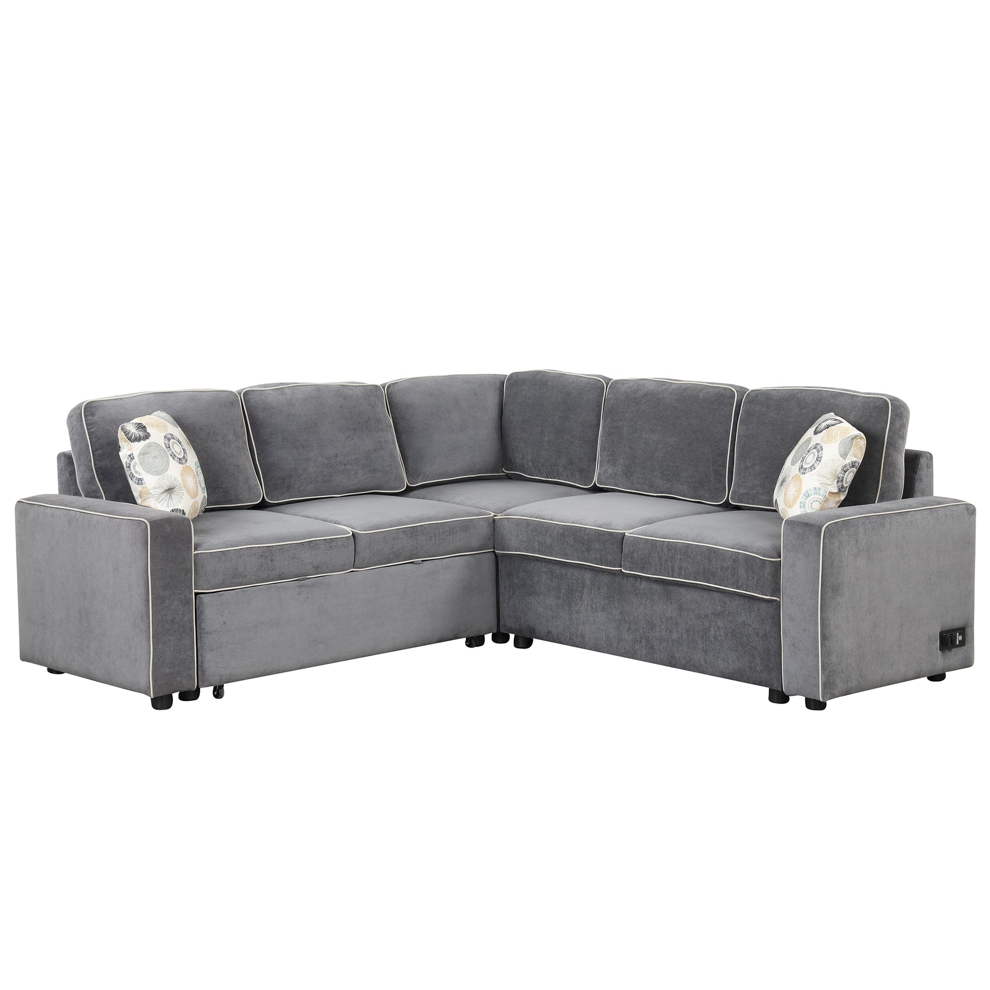 83" L Shaped Pull Out Sofa Bed Modern Convertible Sleeper Sofa With 2 Usb Ports, 2 Power Sockets And 3 Pillows For Living Room, Bedroom, Office, Gray Gray Foam Linen