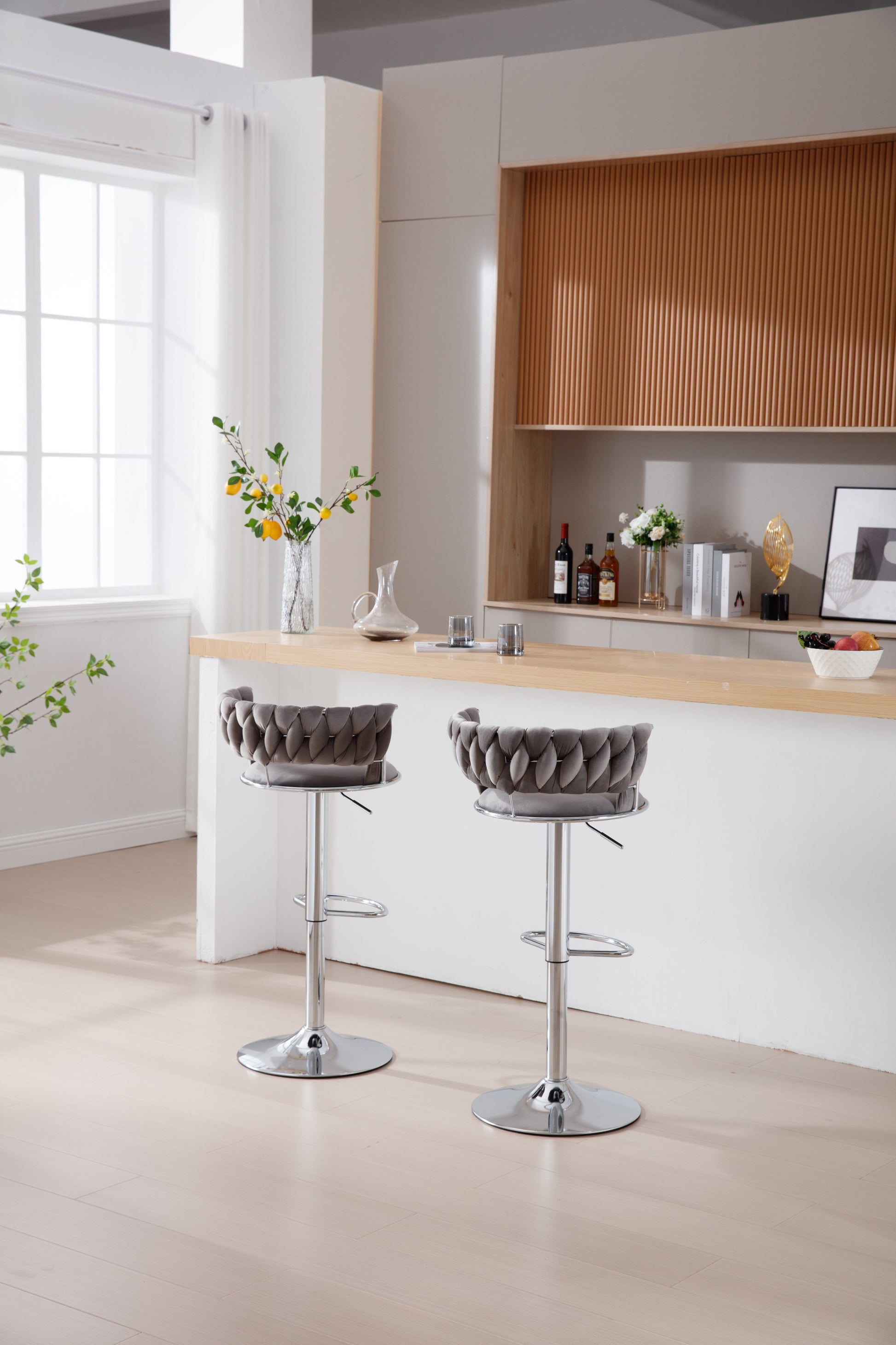 Set Of 2 Bar Stools,With Chrome Footrest And Base Swivel Height Adjustable Mechanical Lifting Velvet Bar Stool Grey Gray Foam Fabric