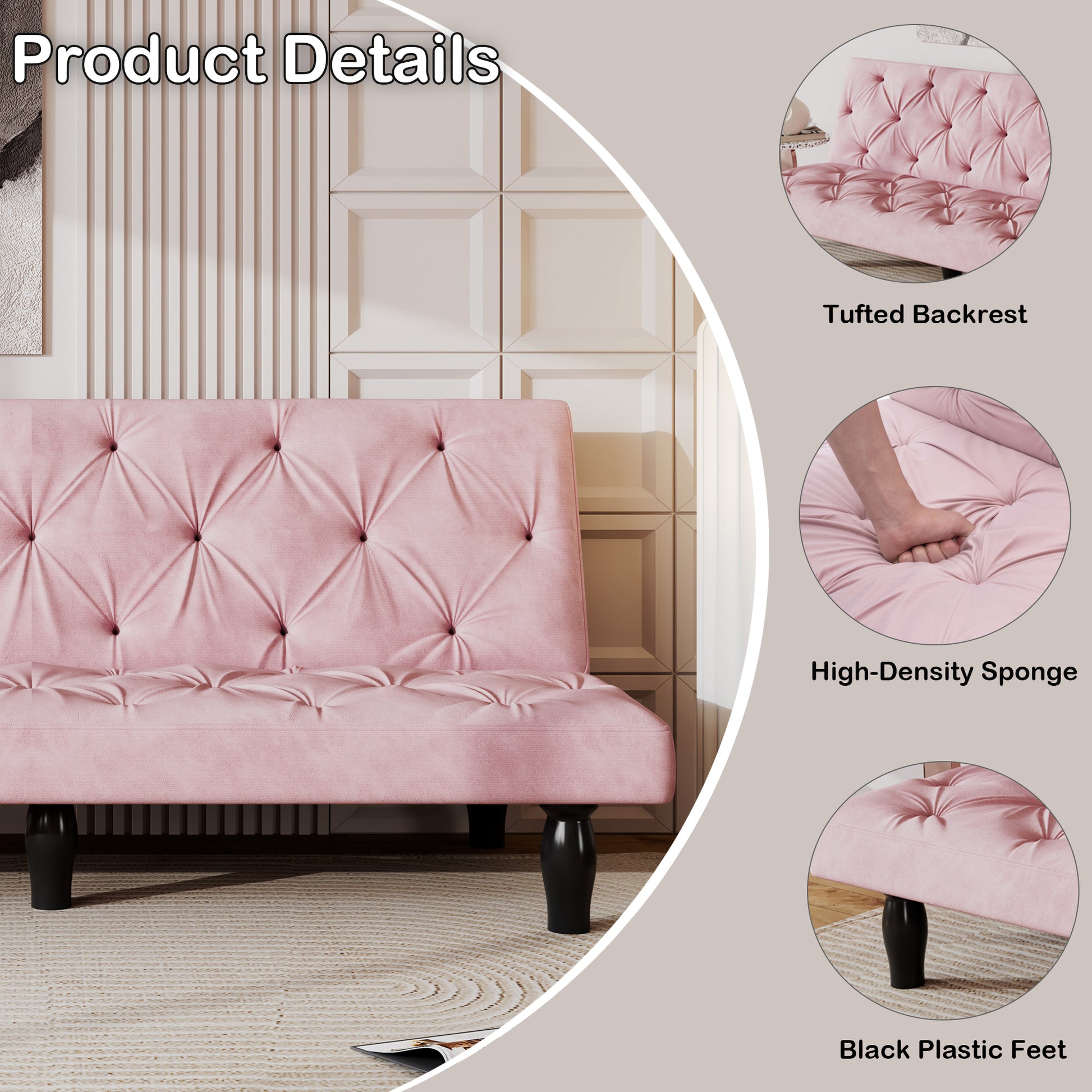 2534B Sofa Converts Into Sofa Bed 66" Pink Velvet Sofa Bed Suitable For Family Living Room, Apartment, Bedroom Baby Pink Velvet