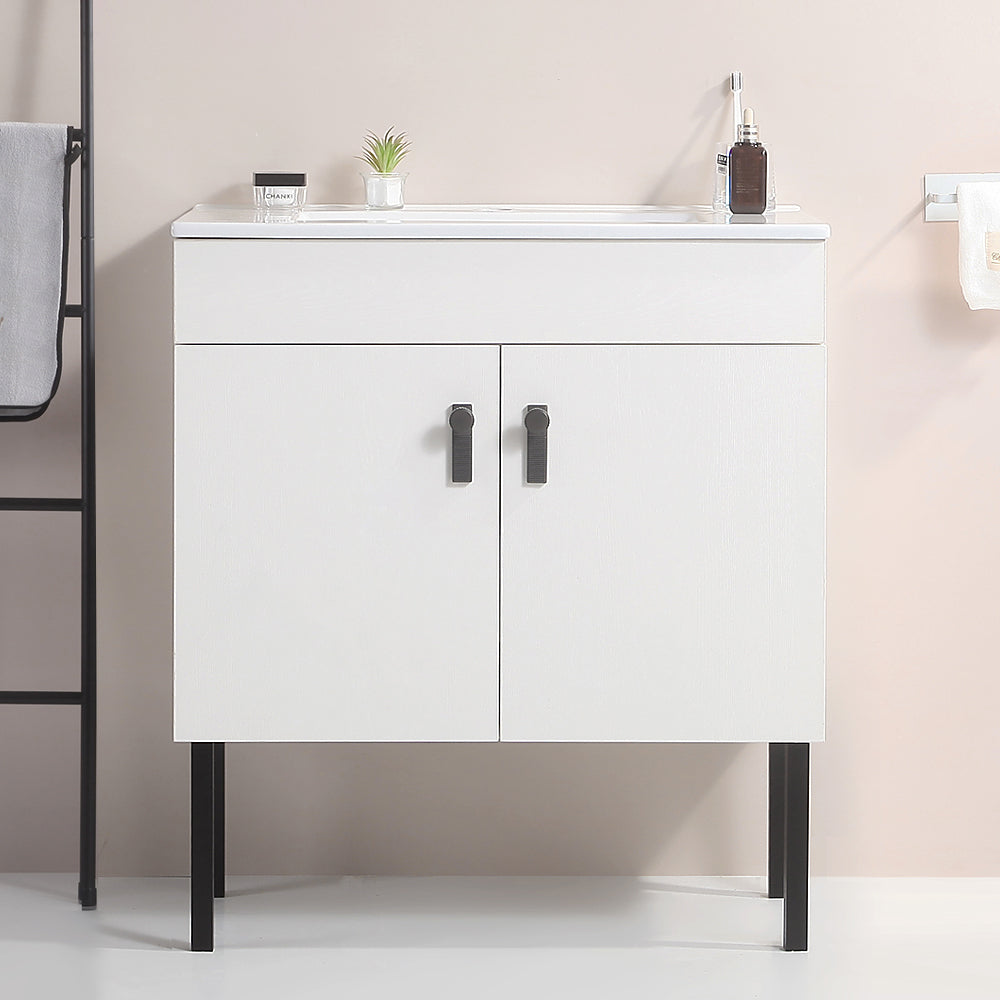 30" Bathroom Vanity With Metal Leg,With White Ceramic Basin,Two Soft Close Cabinet Doors, Solid Wood,Excluding Faucets,White White Solid Wood