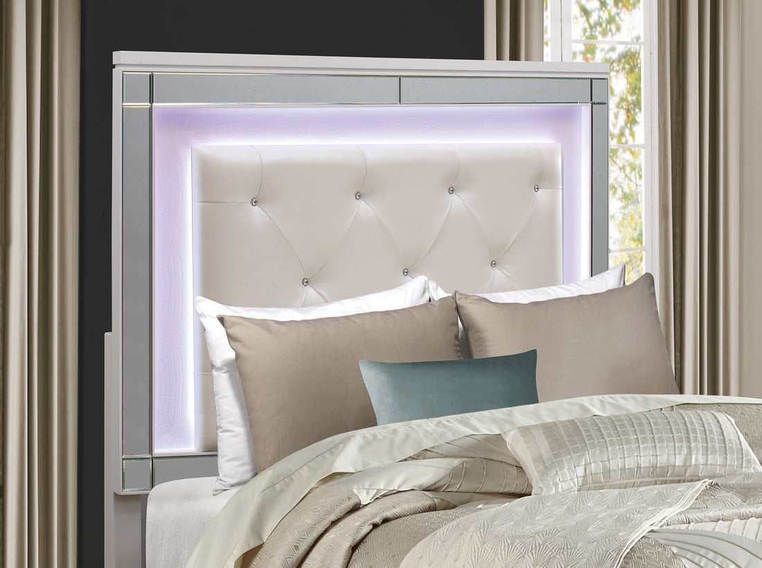 Metallic White Finish Queen Bed Led Headboard Button Tufted Modern Glam Bedroom Furniture Box Spring Required Queen White Wood Bedroom Glam,Modern Faux Leather Wood