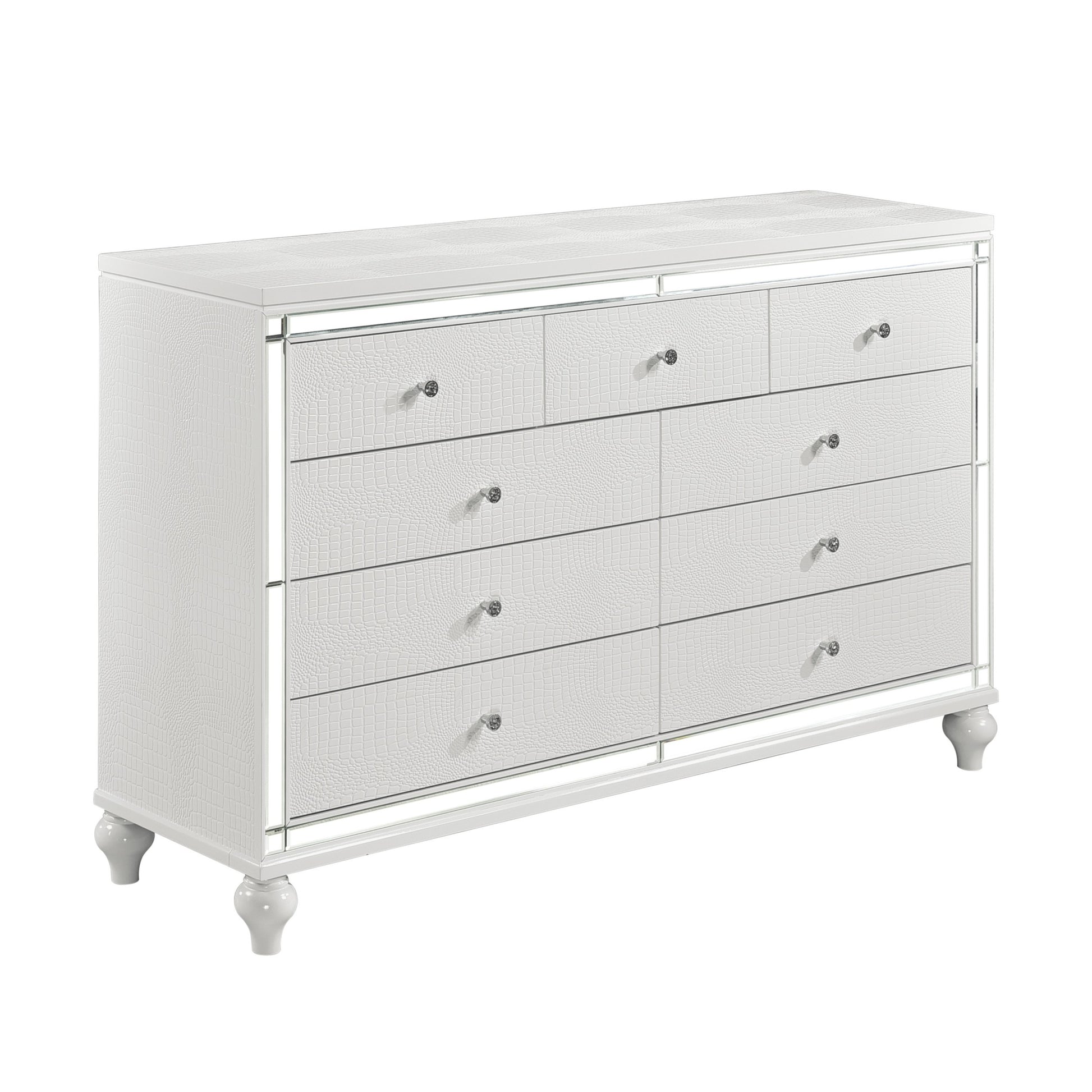 Glamorous Metallic White Finish Dresser Of 9X Drawers Faux Crystal Knobs Modern Bedroom Furniture White Dining Room Glam,Modern Wood