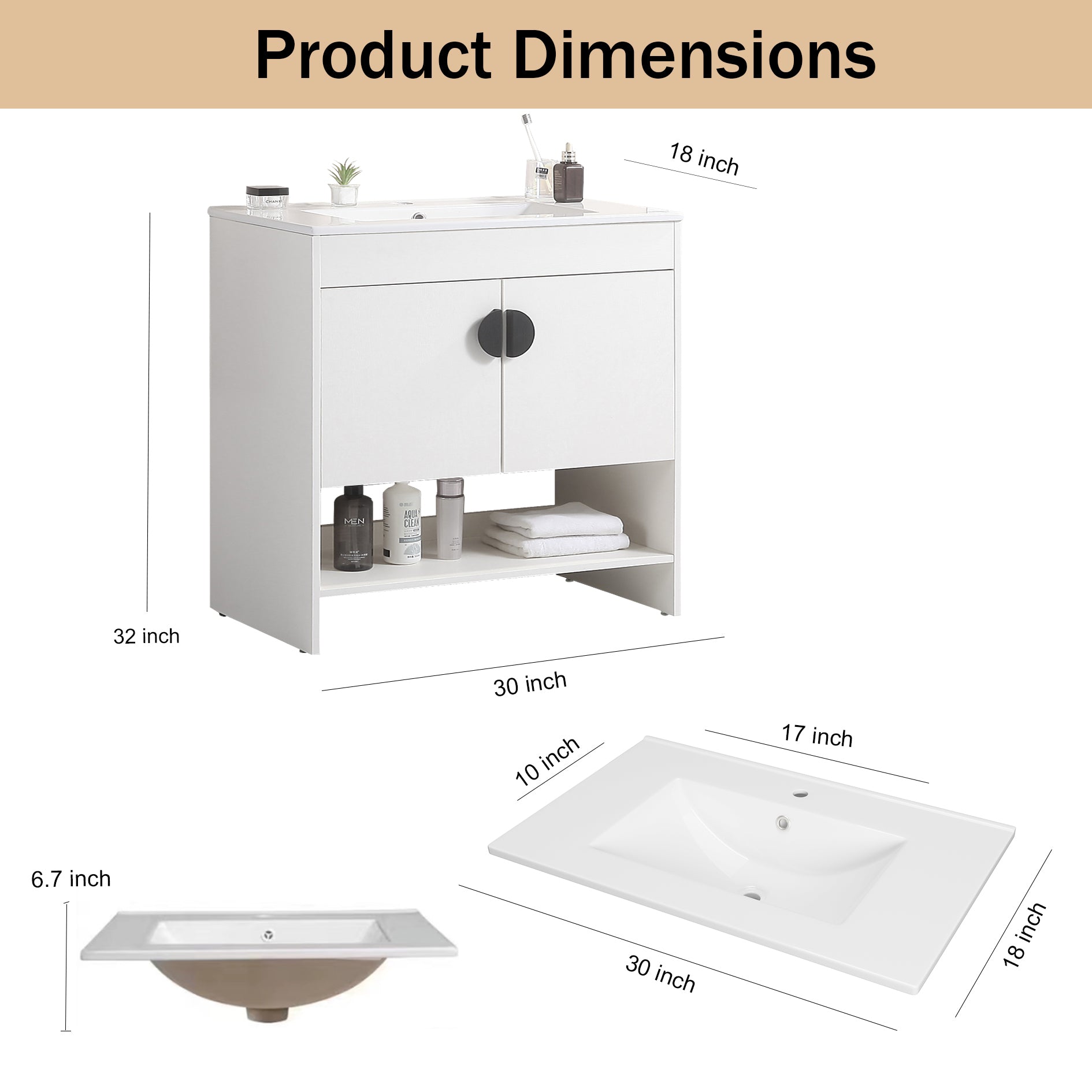 30" Bathroom Vanity,With White Ceramic Basin,Two Cabinet Doors With Black Zinc Alloy Handles,Solid Wood,Excluding Faucets,White White Solid Wood