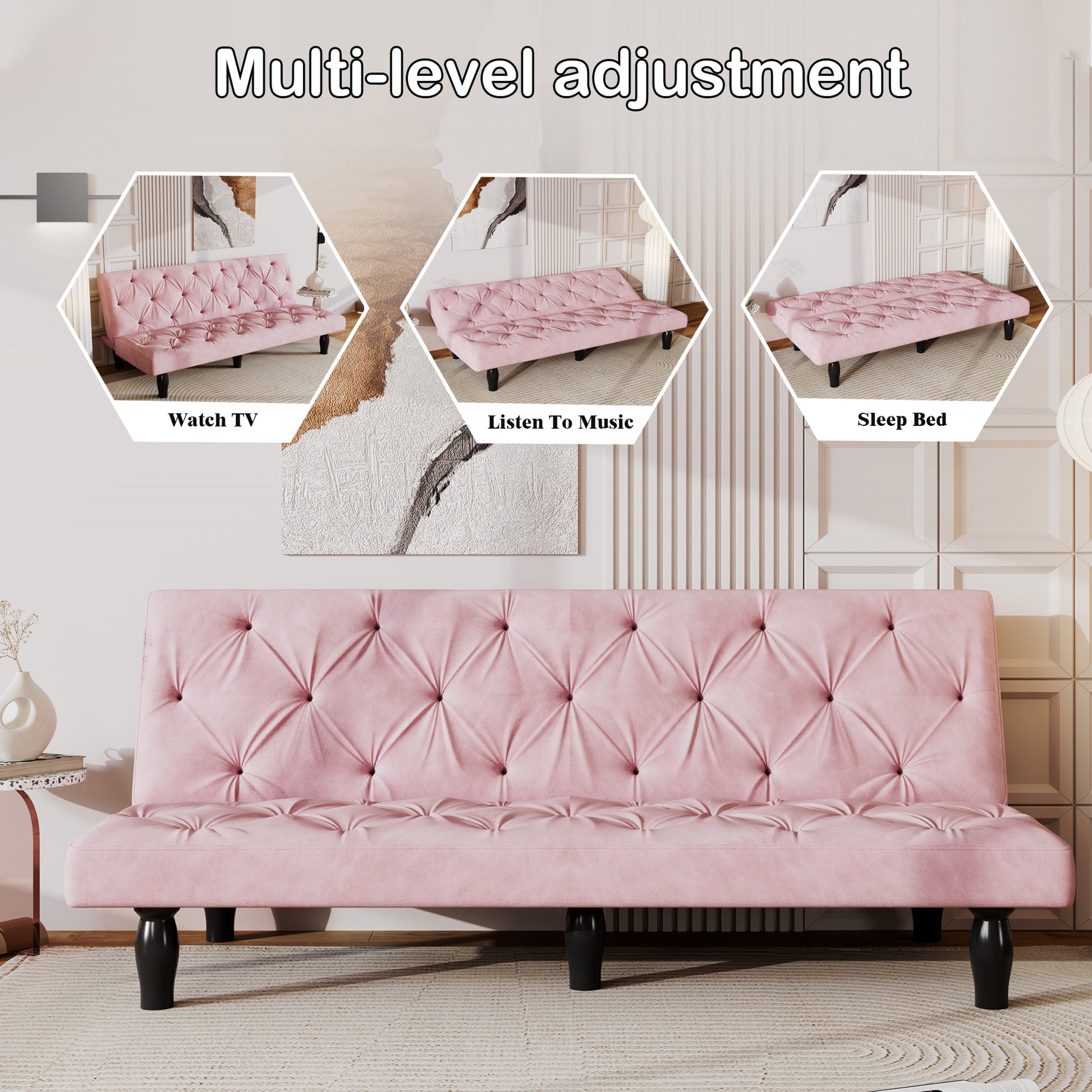 2534B Sofa Converts Into Sofa Bed 66" Pink Velvet Sofa Bed Suitable For Family Living Room, Apartment, Bedroom Baby Pink Velvet