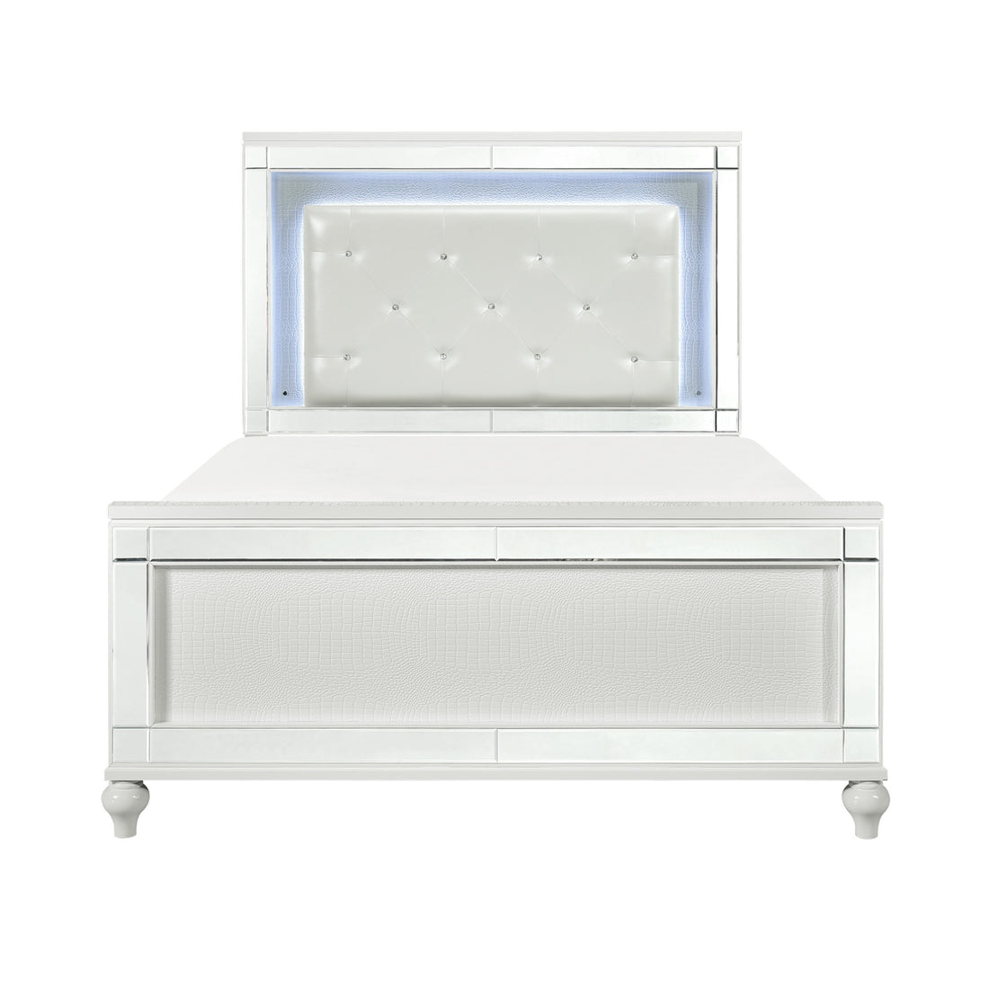 Metallic White Finish Queen Bed Led Headboard Button Tufted Modern Glam Bedroom Furniture Box Spring Required Queen White Wood Bedroom Glam,Modern Faux Leather Wood