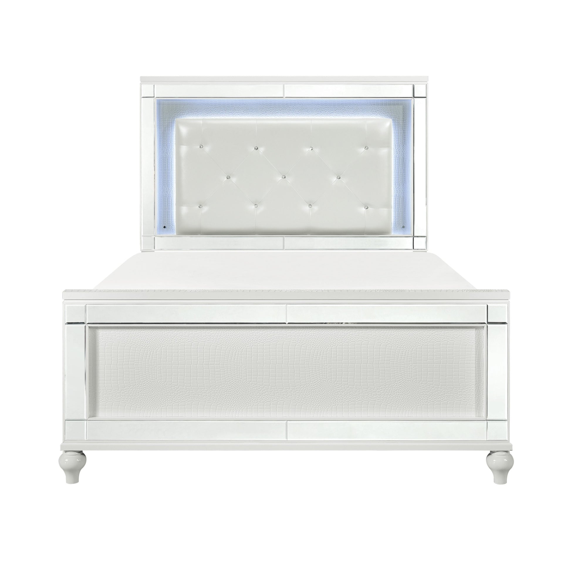 Metallic White Finish Queen Bed Led Headboard Button Tufted Modern Glam Bedroom Furniture Box Spring Required Queen White Wood Bedroom Glam,Modern Faux Leather Wood