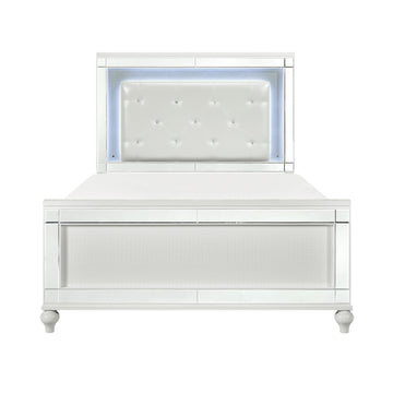 Metallic White Finish Queen Bed Led Headboard Button Tufted Modern Glam Bedroom Furniture Box Spring Required Queen White Wood Bedroom Glam,Modern Faux Leather Wood