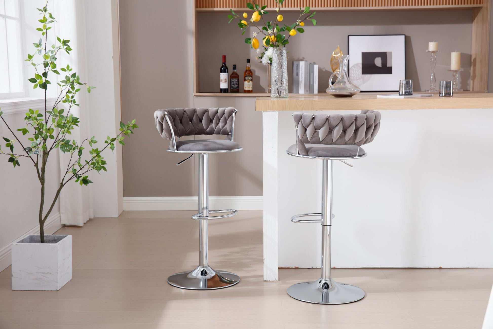 Set Of 2 Bar Stools,With Chrome Footrest And Base Swivel Height Adjustable Mechanical Lifting Velvet Bar Stool Grey Gray Foam Fabric