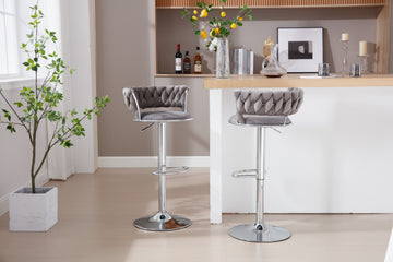 Set Of 2 Bar Stools,With Chrome Footrest And Base Swivel Height Adjustable Mechanical Lifting Velvet Bar Stool Grey Gray Foam Fabric