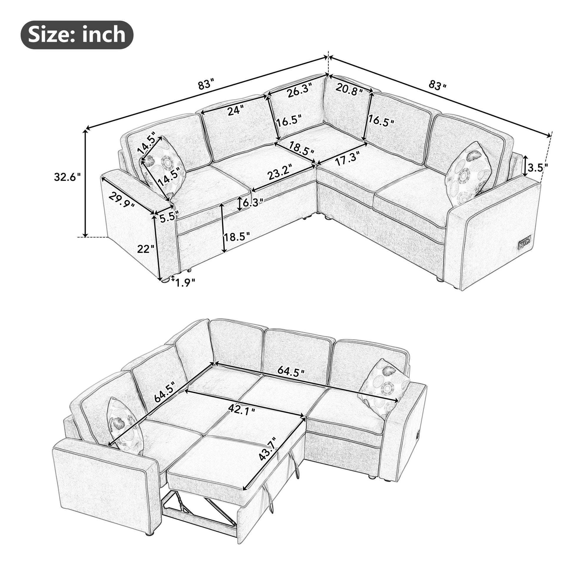 83" L Shaped Pull Out Sofa Bed Modern Convertible Sleeper Sofa With 2 Usb Ports, 2 Power Sockets And 3 Pillows For Living Room, Bedroom, Office, Gray Gray Foam Linen