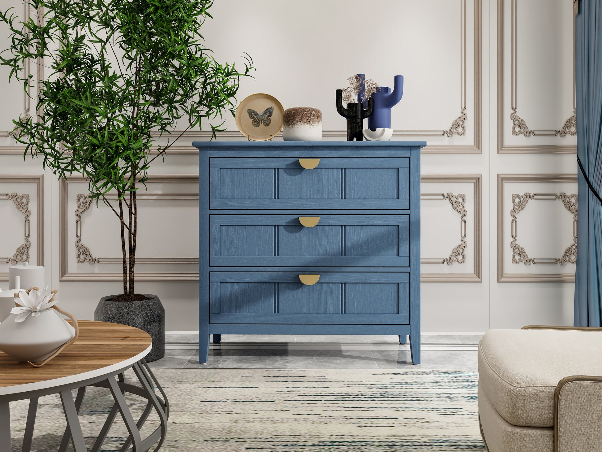 3 Drawer Cabinet, American Furniture,Suitable For Bedroom, Living Room, Study Blue Mdf