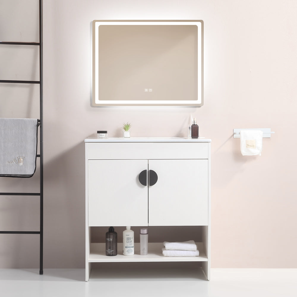 30" Bathroom Vanity,With White Ceramic Basin,Two Cabinet Doors With Black Zinc Alloy Handles,Solid Wood,Excluding Faucets,White White Solid Wood