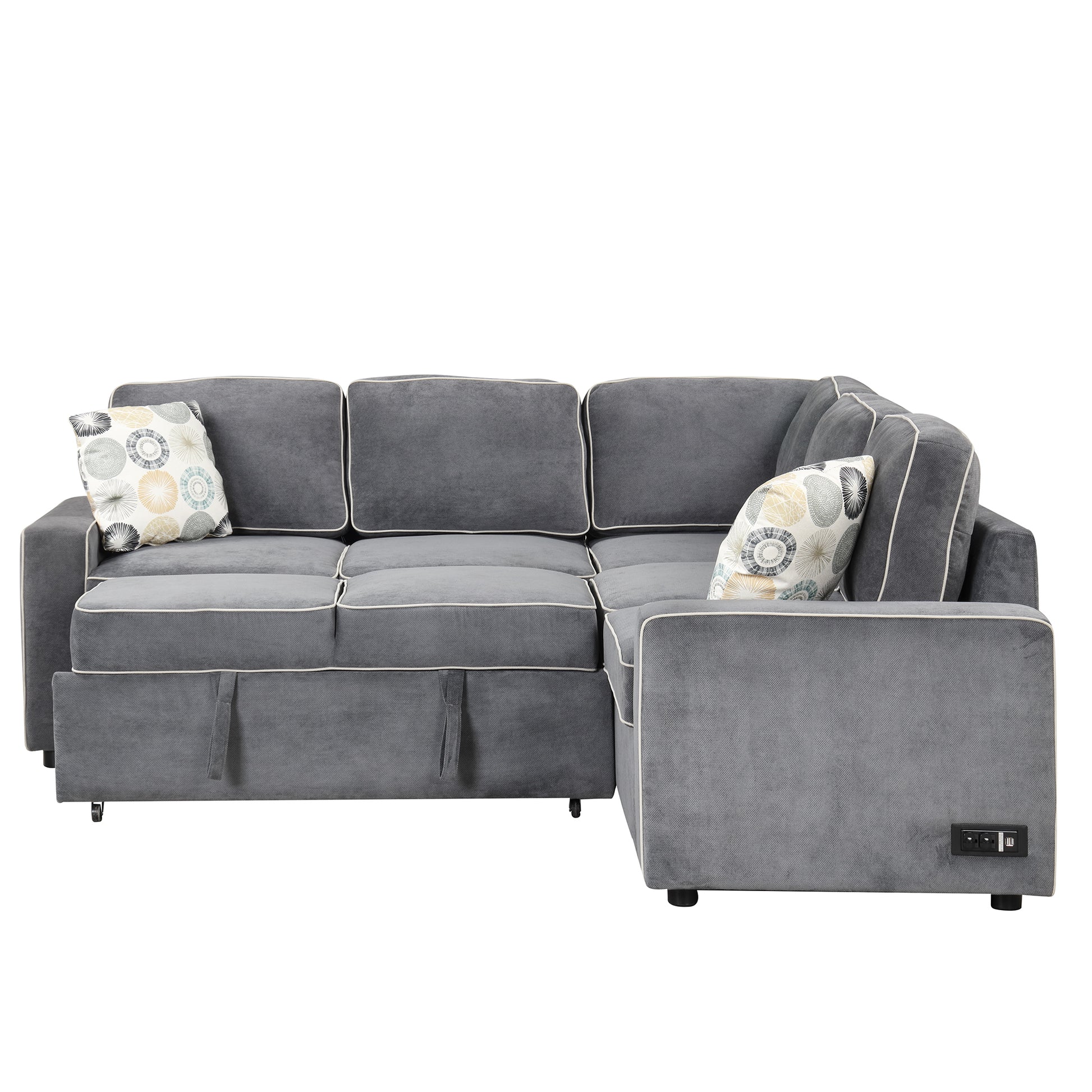 83" L Shaped Pull Out Sofa Bed Modern Convertible Sleeper Sofa With 2 Usb Ports, 2 Power Sockets And 3 Pillows For Living Room, Bedroom, Office, Gray Gray Foam Linen