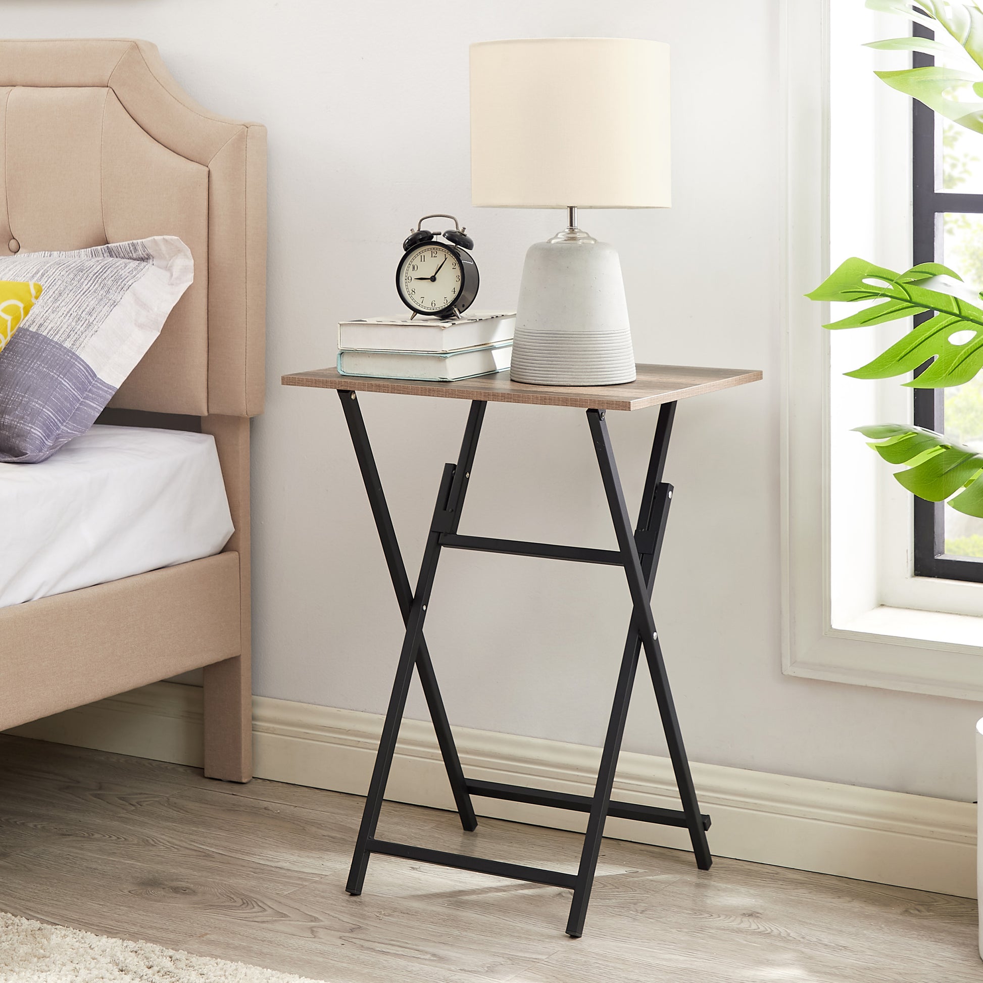 2 Piece Folding Tv Tray Table Noassembly Required Portable Sofa Side Table, Industrial Snack Table For Small Spaces, Space Saving Easy To Fold Wood Rustic Brown And Black Brown Primary Living Space American Design,American Traditional,Antique Metal &
