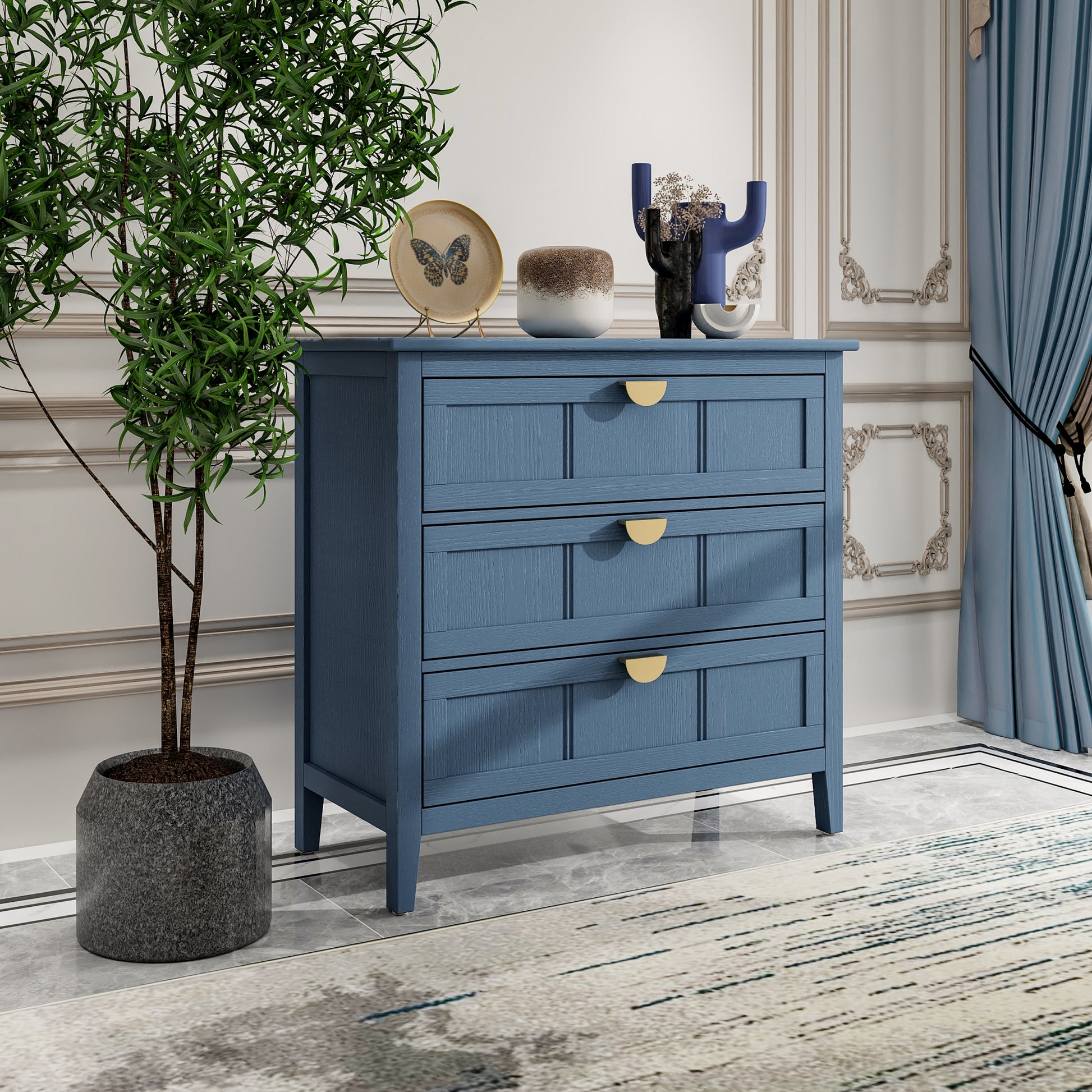 3 Drawer Cabinet, American Furniture,Suitable For Bedroom, Living Room, Study Blue Mdf