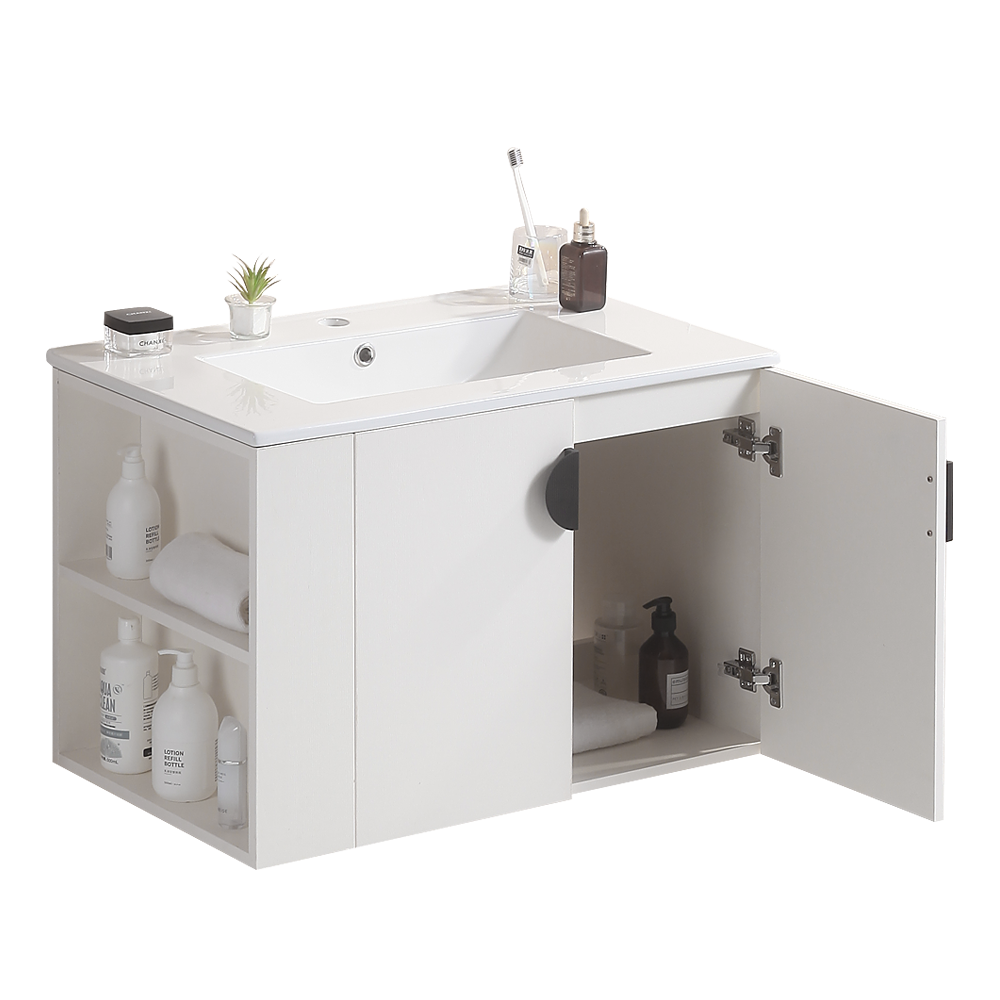 30" Bathroom Vanity With Sink,With Two Doors Cabinet Bathroom Vanity Set With Side Left Open Storage Shelf,Solid Wood,Excluding Faucets,White White Solid Wood