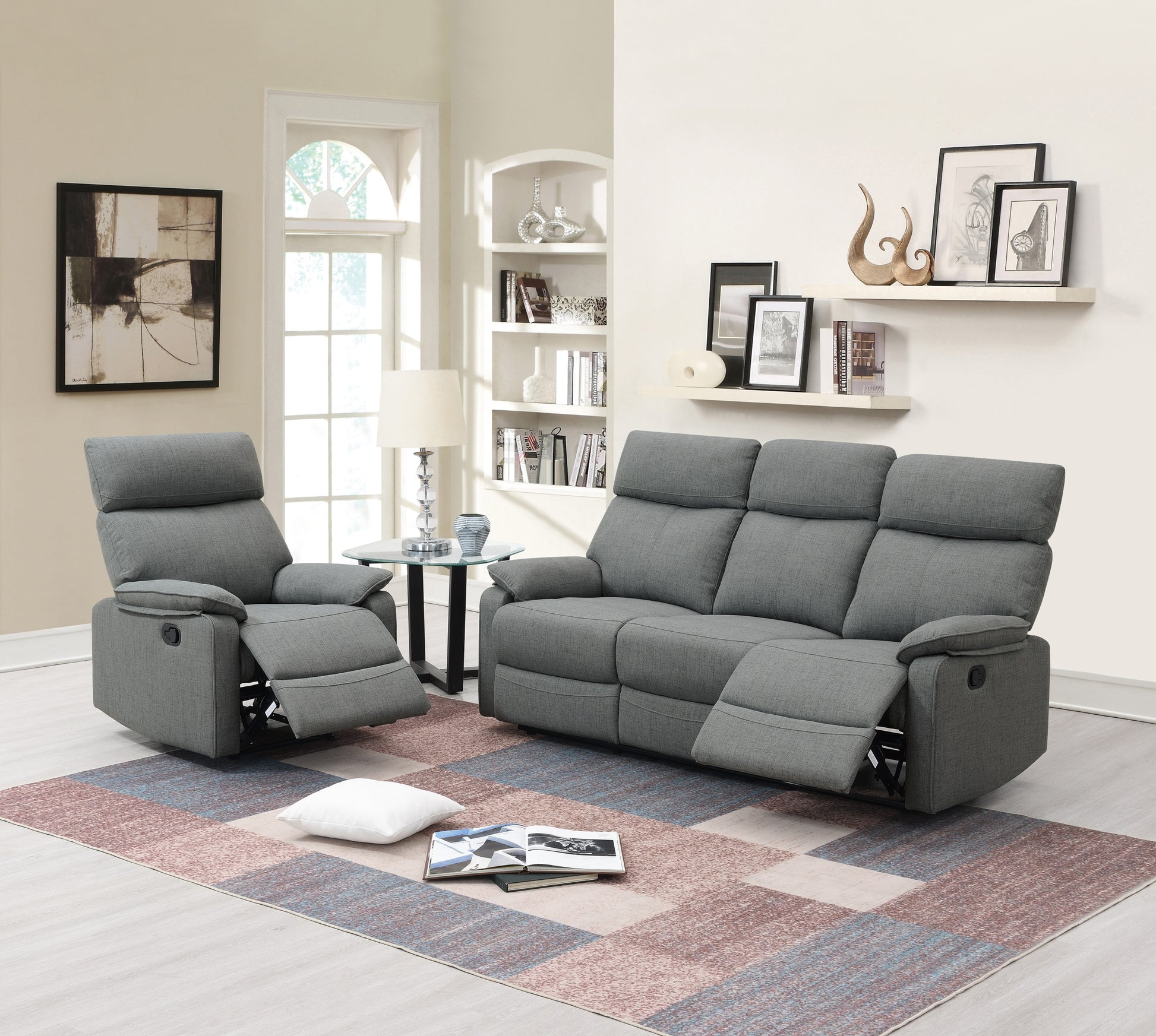 Gray Color Burlap Fabric Recliner Motion Sofa 1Pc Couch Manual Motion Sofa Living Room Furniture Gray Metal Primary Living Space Cushion Back Contemporary,Modern Pillow Top Arms Fabric 3 Seat