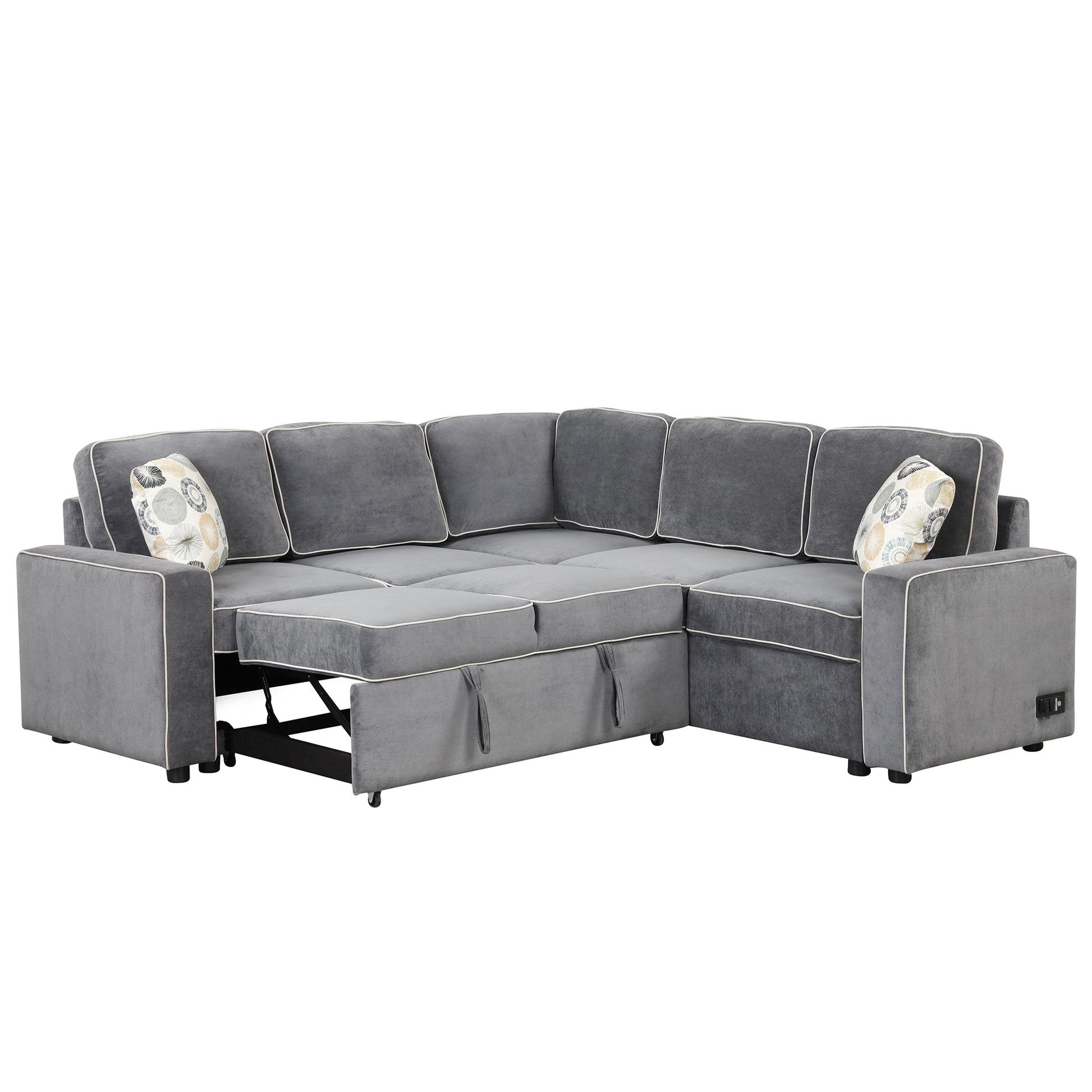 83" L Shaped Pull Out Sofa Bed Modern Convertible Sleeper Sofa With 2 Usb Ports, 2 Power Sockets And 3 Pillows For Living Room, Bedroom, Office, Gray Gray Foam Linen