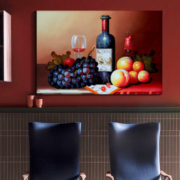 Framed Canvas Wall Art Decor Painting, Still Life Wine And Grape Fruits On Table Oil Painting Style Decoration For Restaurant, Kitchen, Dining Room, Office Living Room, Bedroom Decor Ready To Hang Rectangle Framed Multicolor Oversized 41In Canvas