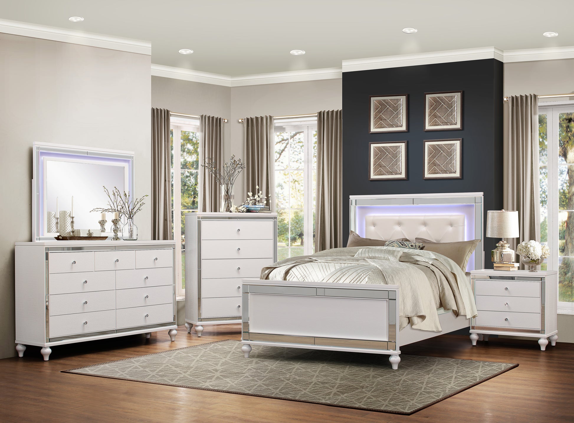 Metallic White Finish Queen Bed Led Headboard Button Tufted Modern Glam Bedroom Furniture Box Spring Required Queen White Wood Bedroom Glam,Modern Faux Leather Wood