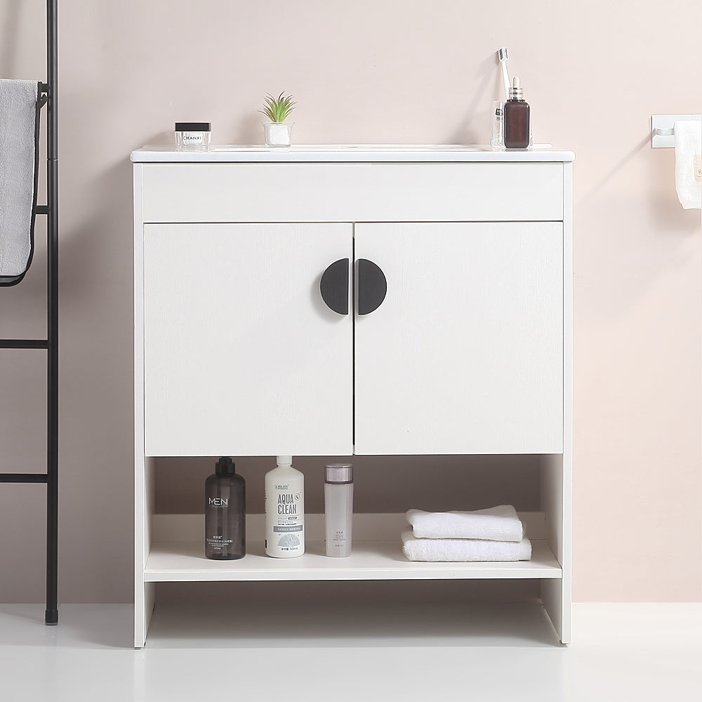 30" Bathroom Vanity,With White Ceramic Basin,Two Cabinet Doors With Black Zinc Alloy Handles,Solid Wood,Excluding Faucets,White White Solid Wood