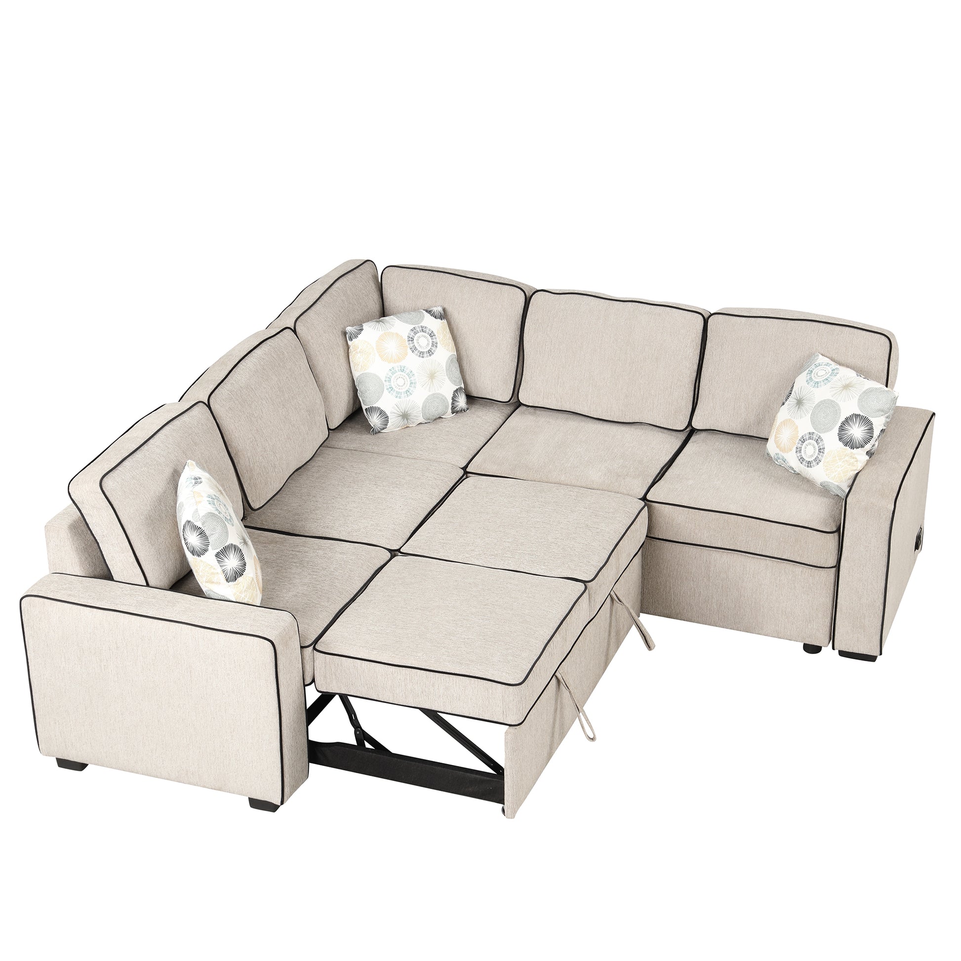 83" L Shaped Pull Out Sofa Bed Modern Convertible Sleeper Sofa With 2 Usb Ports, 2 Power Sockets And 3 Pillows For Living Room, Bedroom, Office, Cream Cream Foam Linen